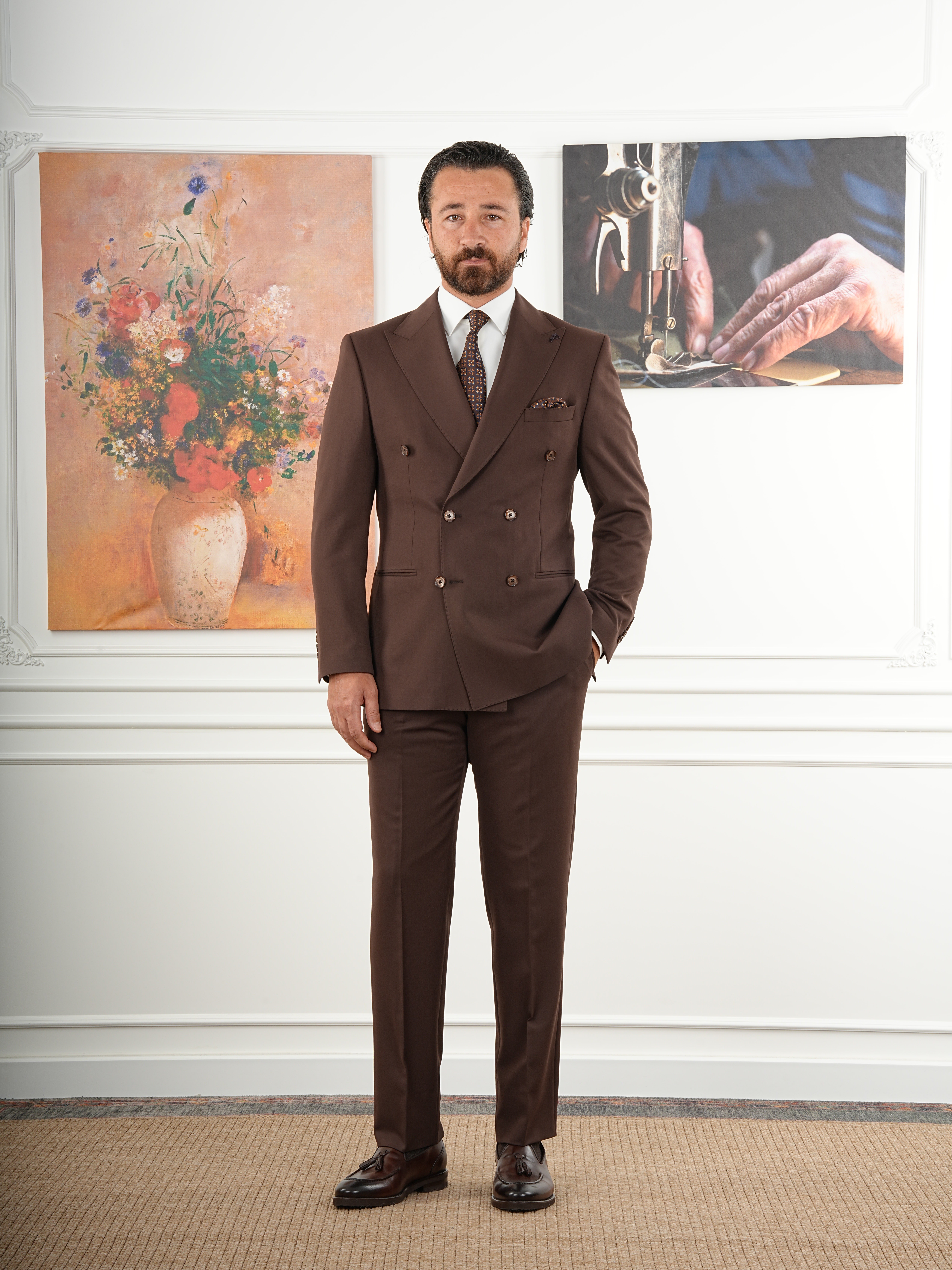 Erkek Slim Fit İtalyan Stil Kruvaze Takım Elbise Ceket Pantolon - Kahve