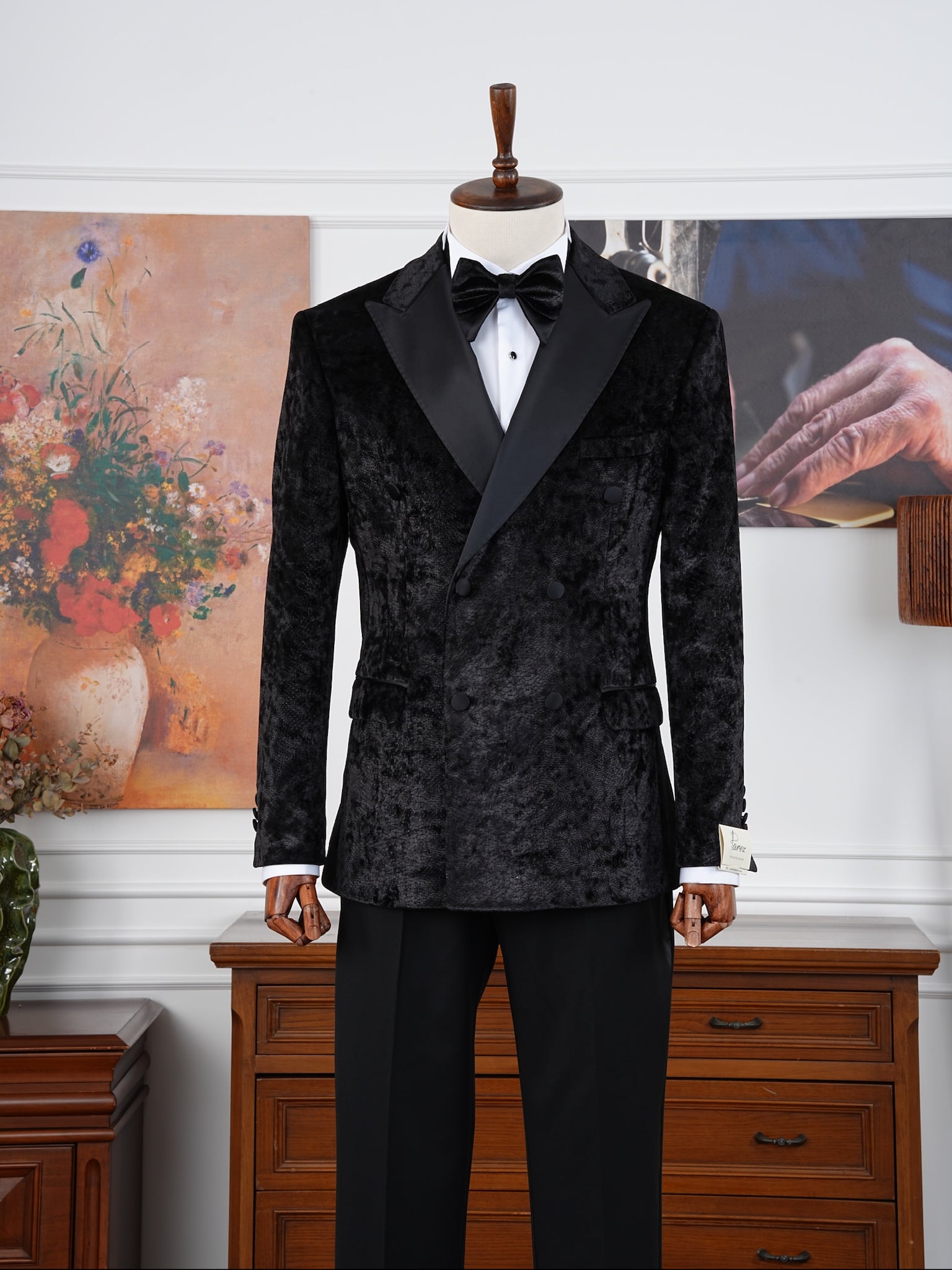 Premium Mens Slim Fit Italian Style Patterned Tuxedo Groom Suit - Black