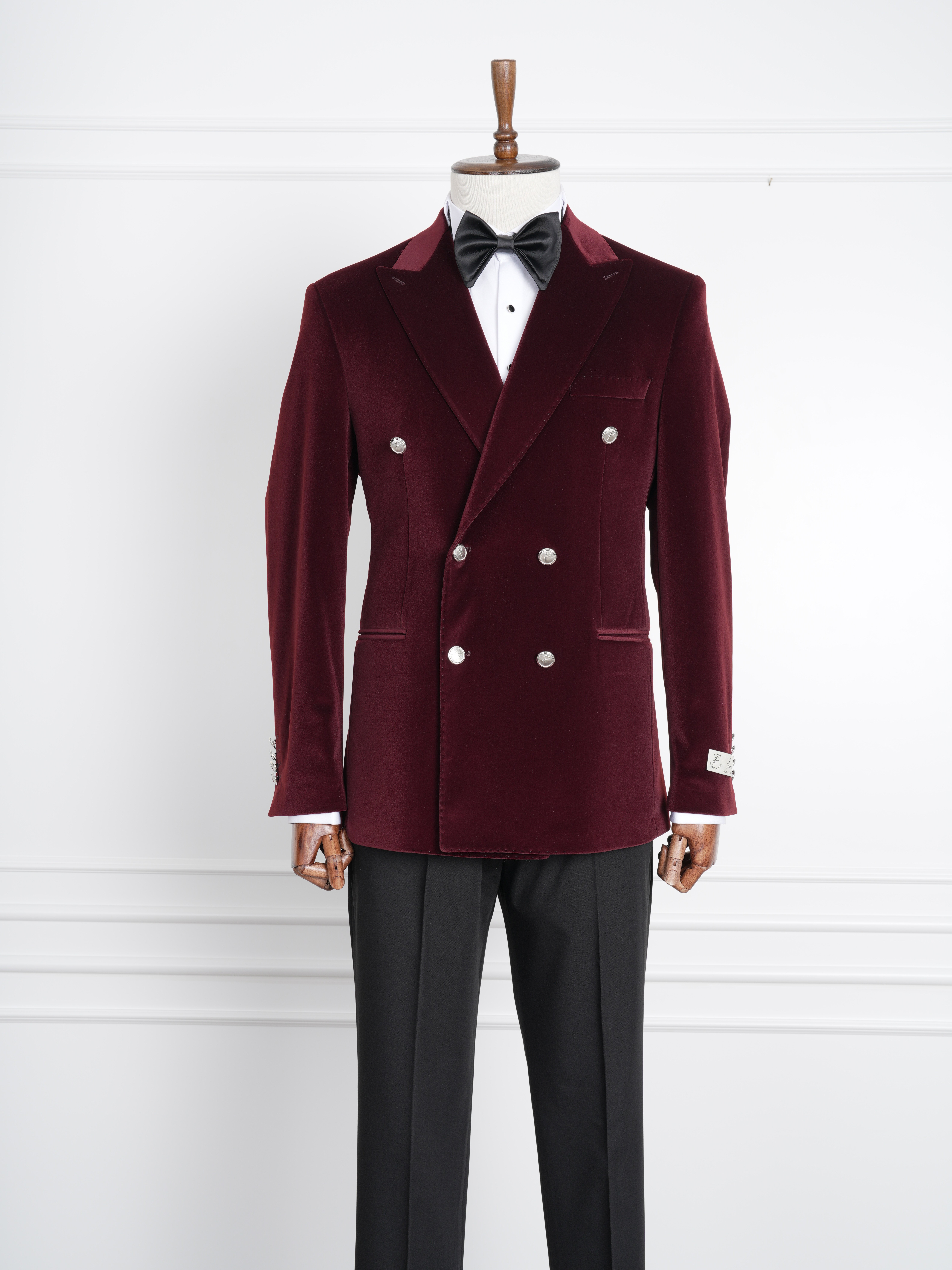 Premium Erkek Kadife Kruvaze Smokin Damatlık Metal Düğme Punto Dikişli Ceket Pantolon Papyon - Bordo