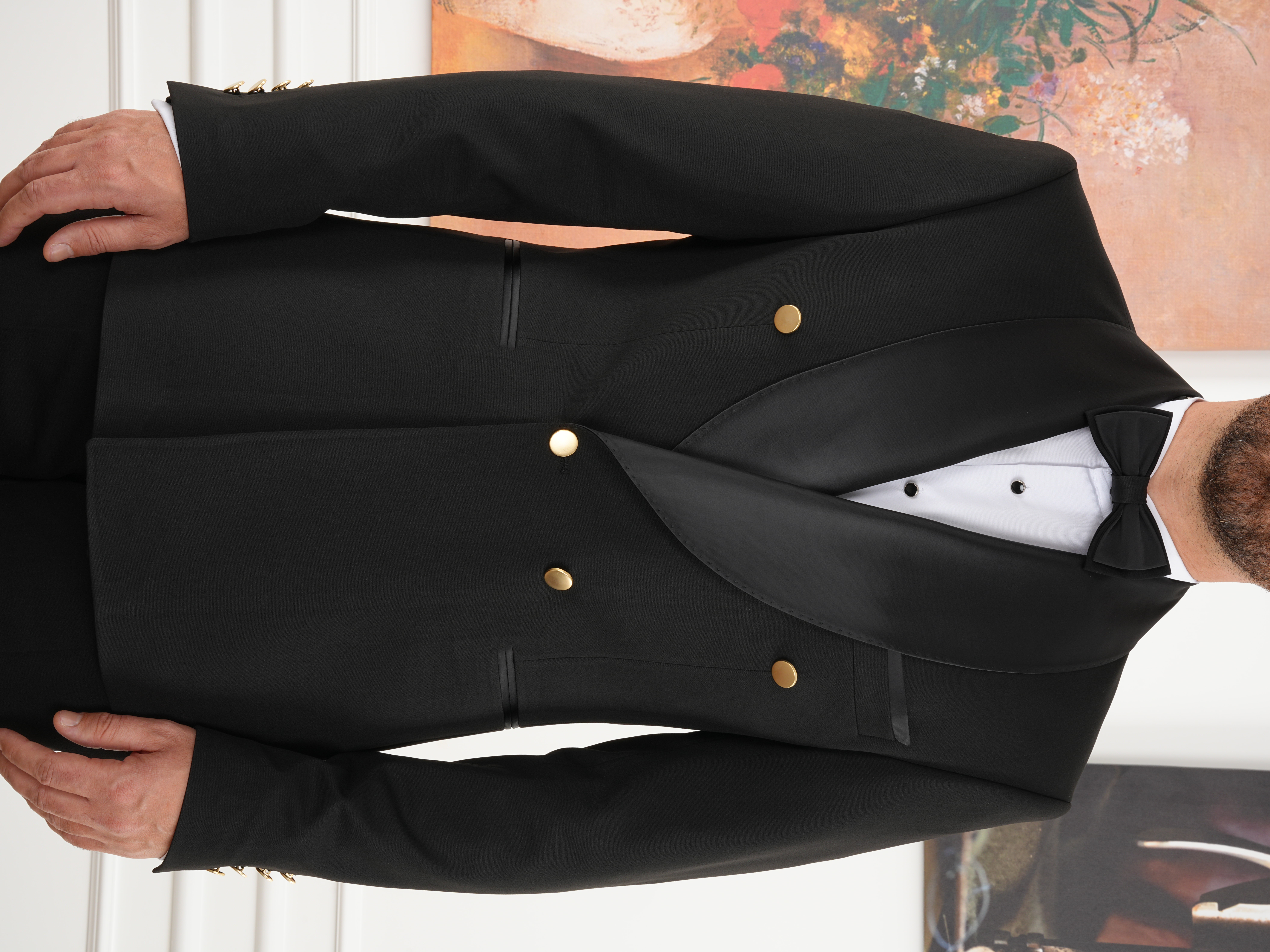 Premium Erkek Slim Fit İtalyan Stil Kruvaze Smokin Puntolu Şal Yaka Damatlık Ceket Pantolon Papyon - Siyah