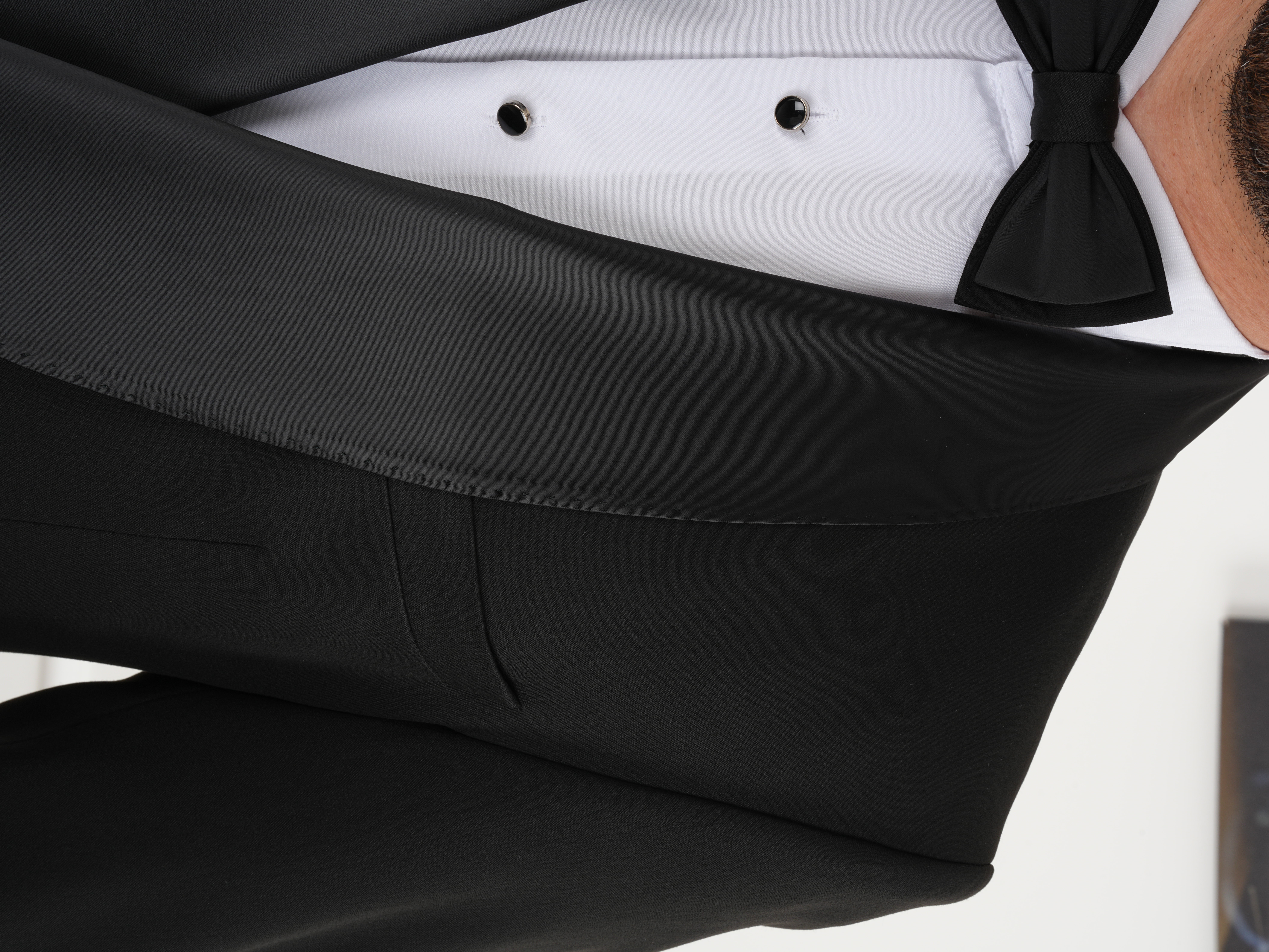 Premium Erkek Slim Fit İtalyan Stil Kruvaze Smokin Puntolu Şal Yaka Damatlık Ceket Pantolon Papyon - Siyah