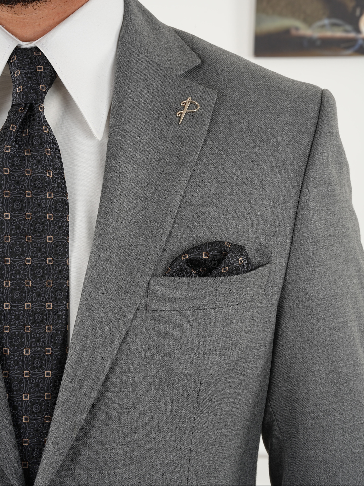 Premium Erkek Mono Yaka Takım Elbise Slim Fit İtalyan Stil Ceket Pantolon - Açık gri