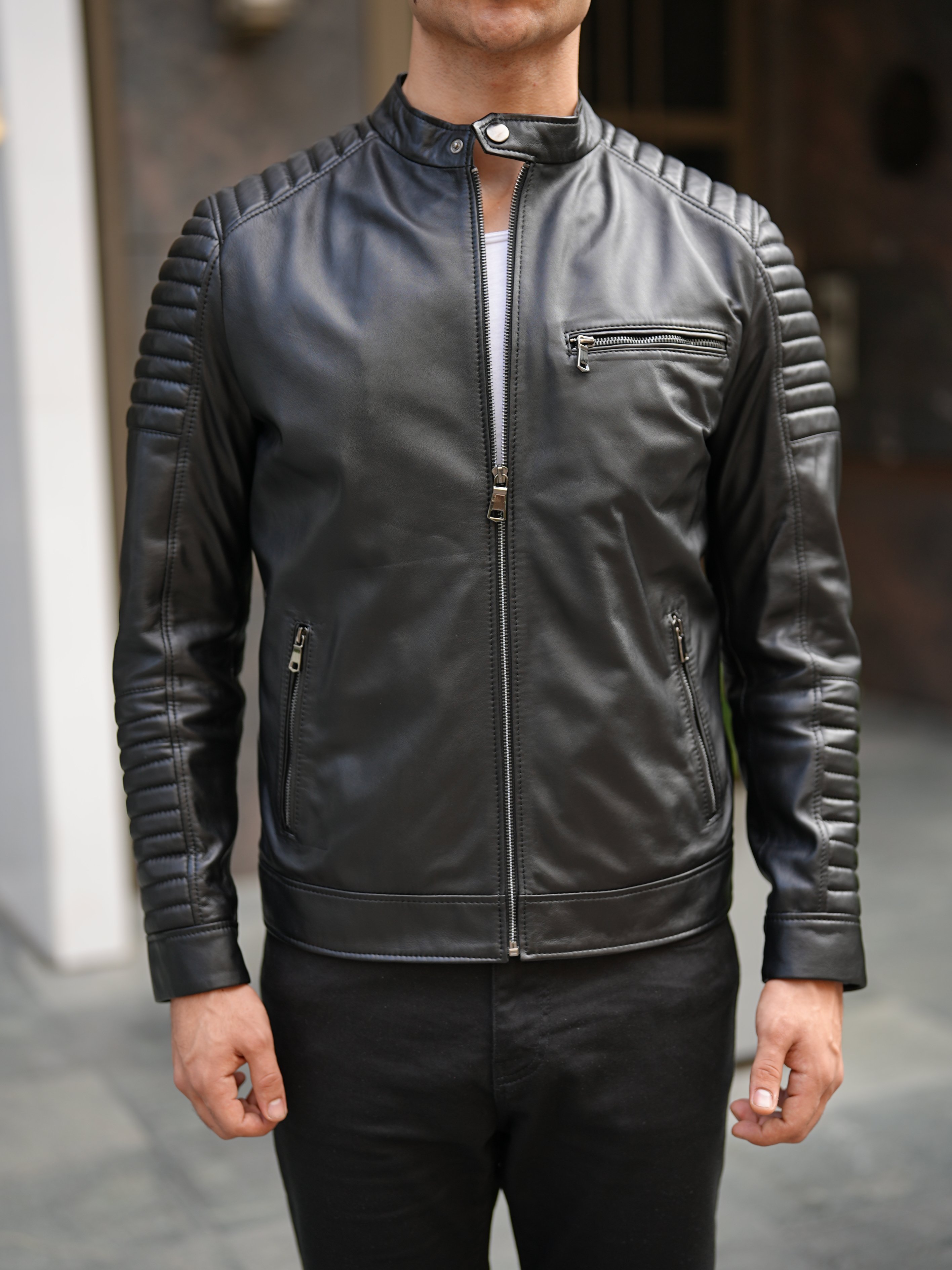 Erkek Standart Fit %100 Hakiki Kuzu Deri Mont-Siyah - Siyah