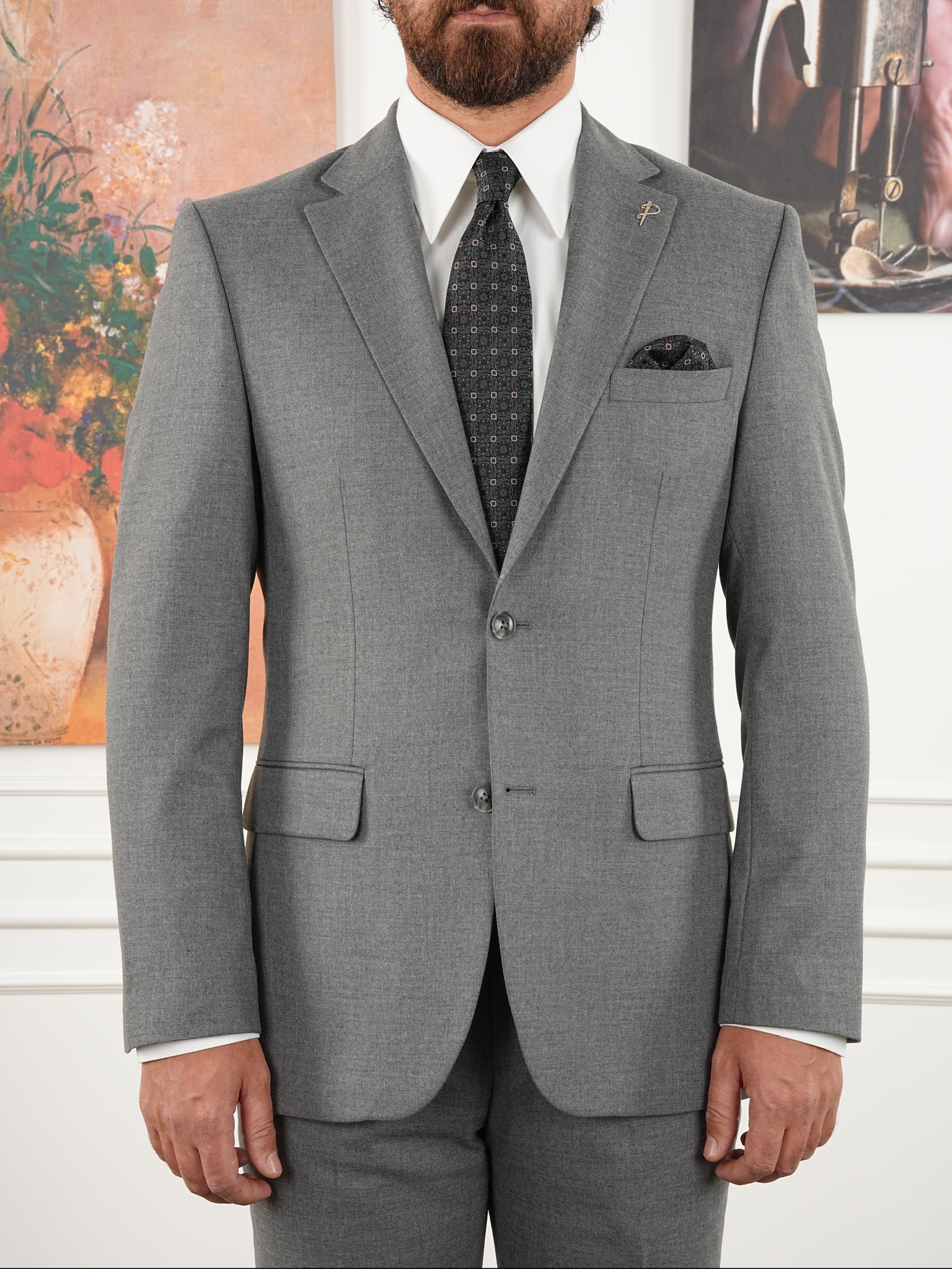 Premium Erkek Mono Yaka Takım Elbise Slim Fit İtalyan Stil Ceket Pantolon - Açık gri