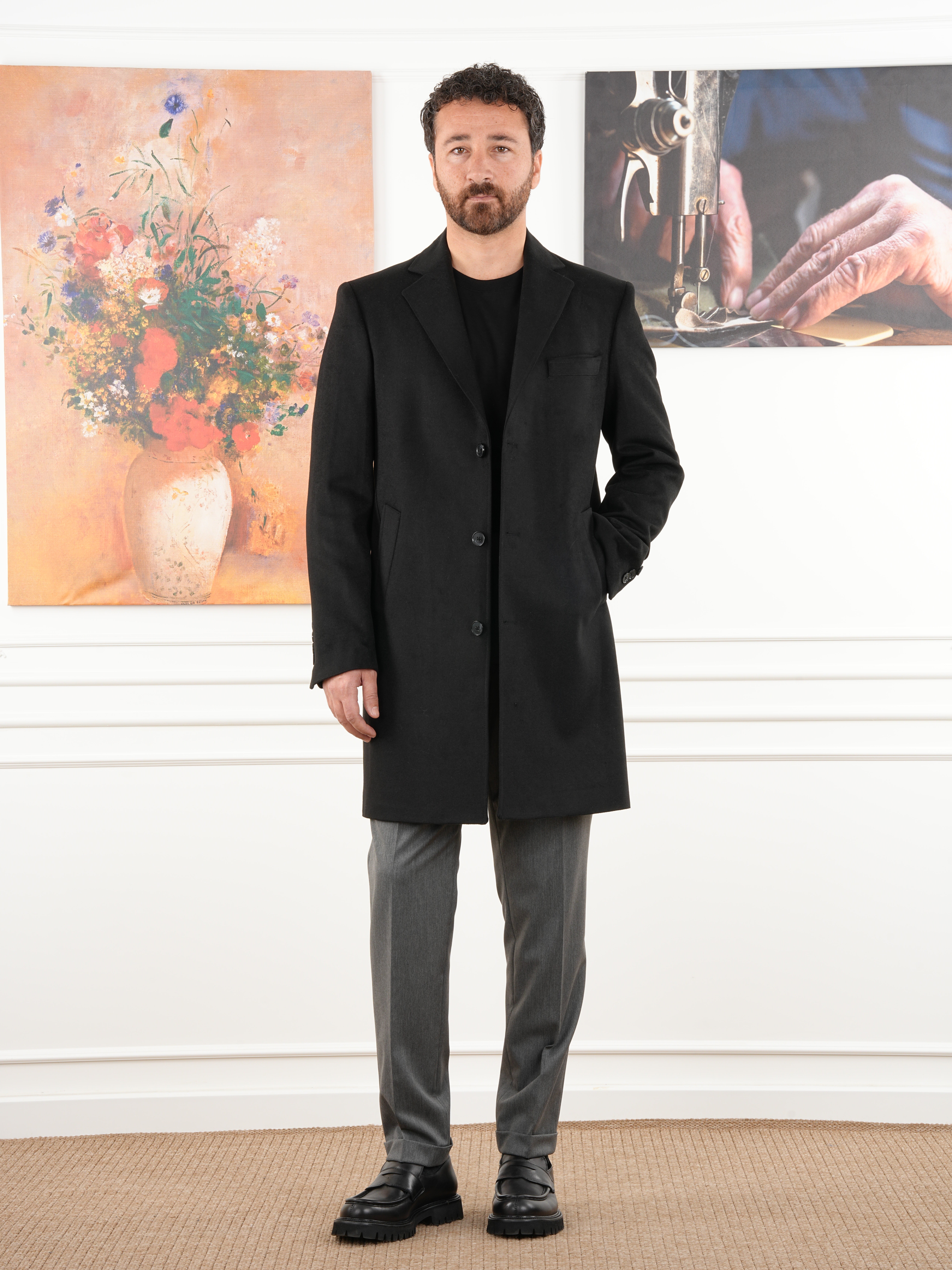 Erkek Premium İtalyan Stil Slim Fit Mono Yaka Kaşe Kaban - Siyah