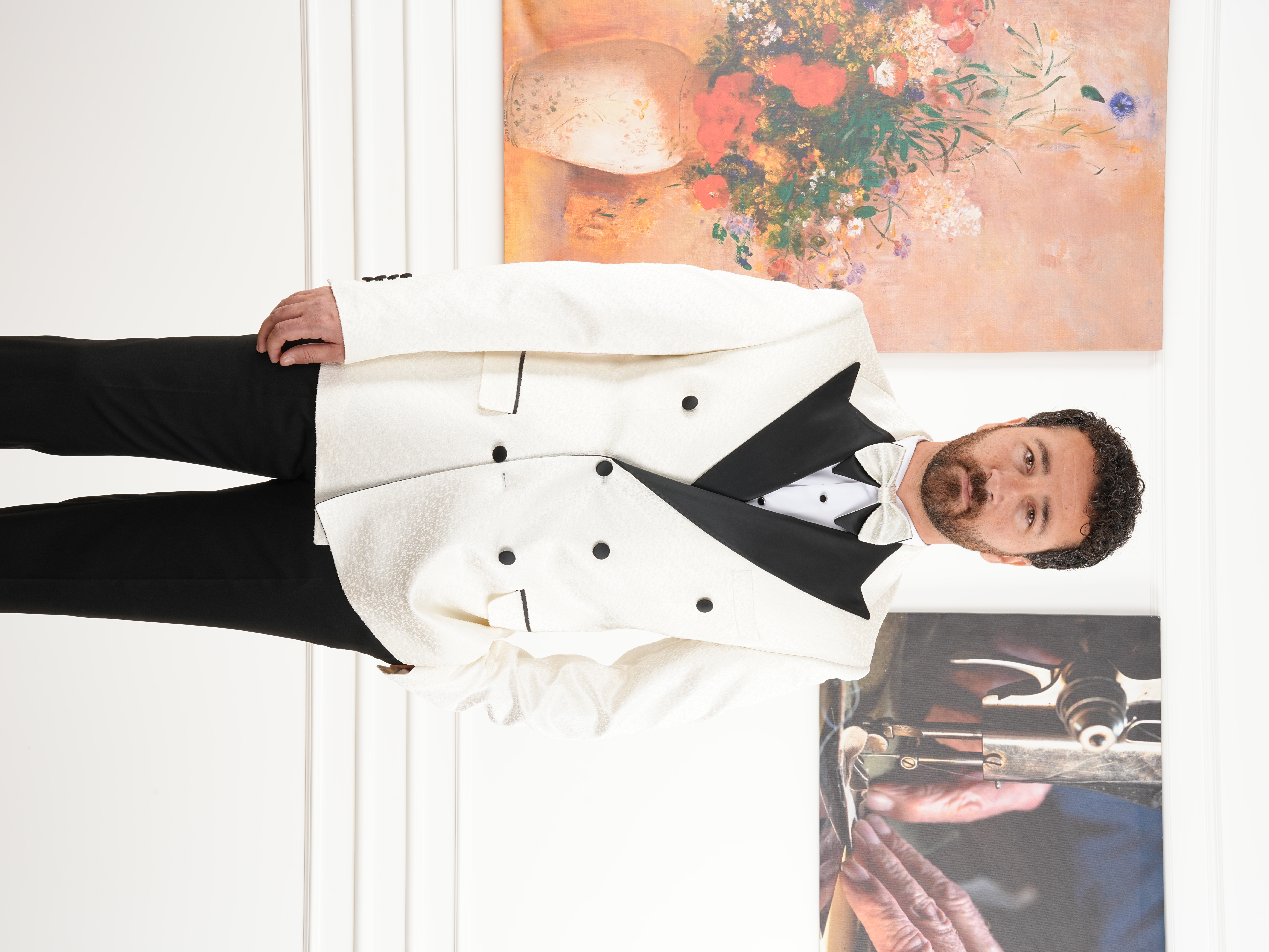 Erkek Slim Fit İtalyan Stil Jakar Desenli Damatlık Smokin Ceket Pantolon - Beyaz