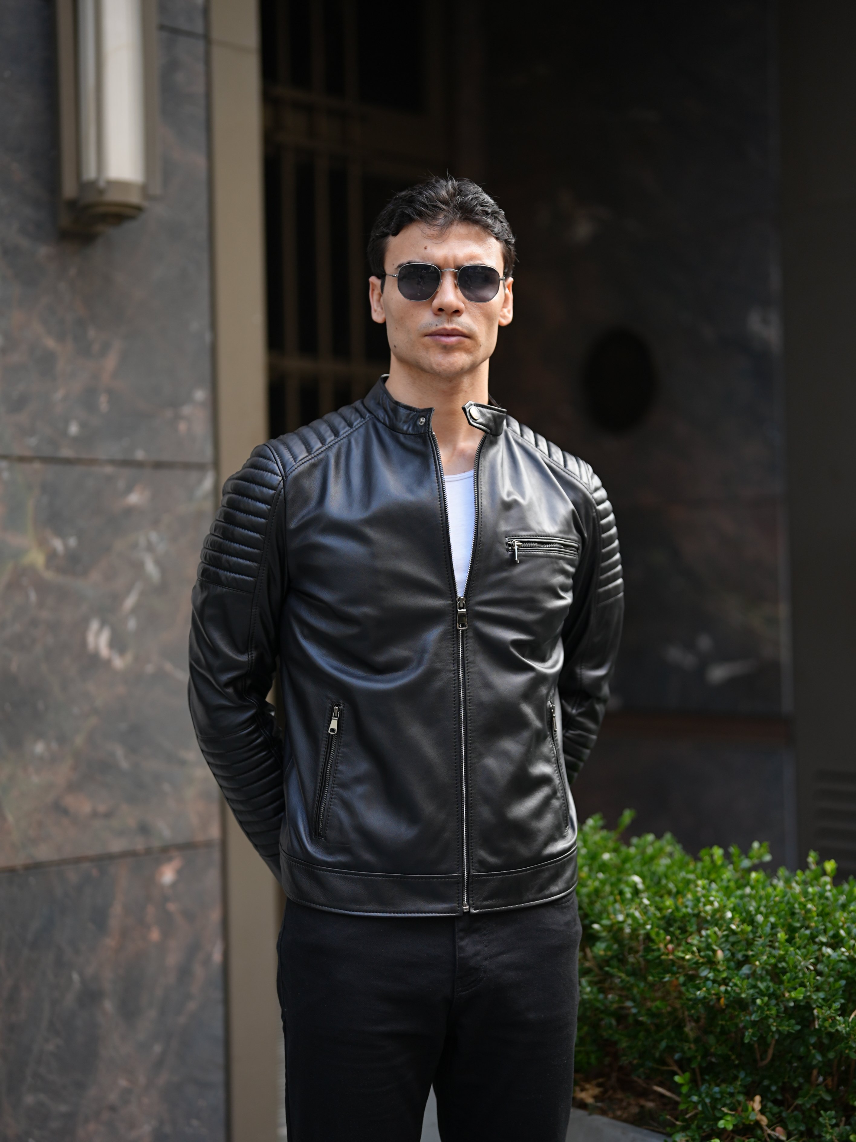 Erkek Standart Fit %100 Hakiki Kuzu Deri Mont-Siyah - Siyah