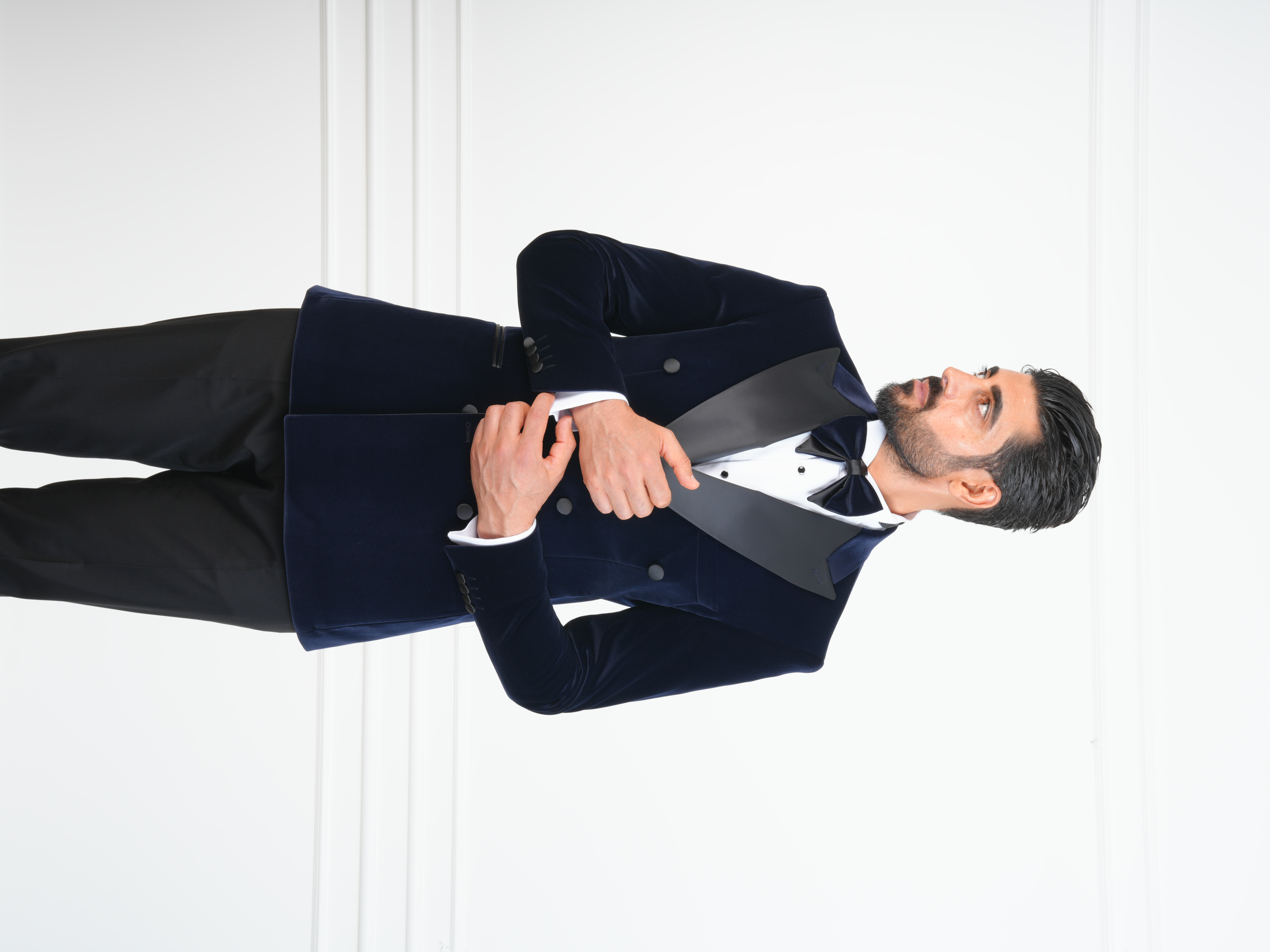 Erkek Premium Kadife Kruvaze Smokin Damatlık İtalyan Stil  Ceket Pantolon Papyon - Lacivert