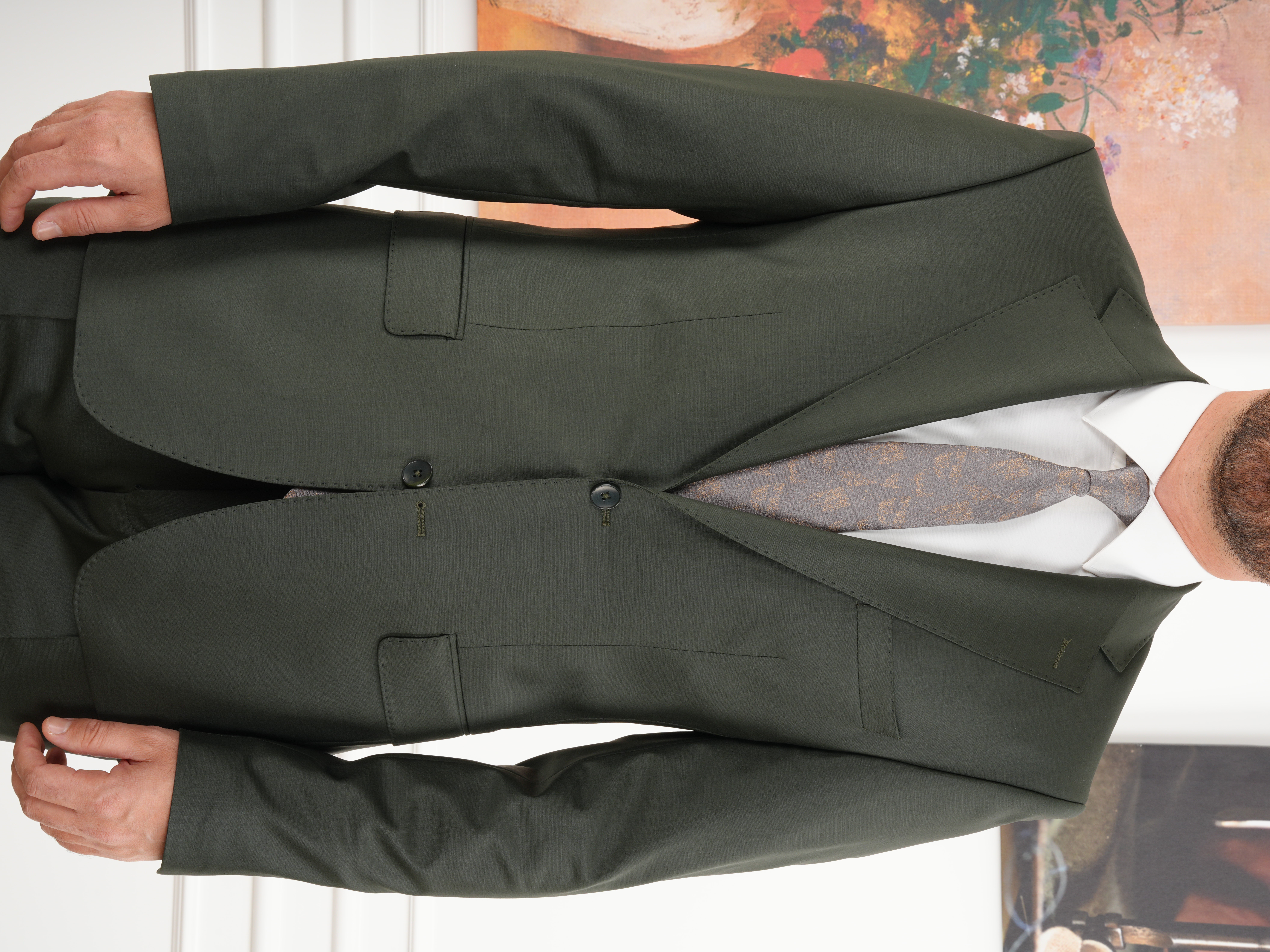 Erkek Regular İtalyan Stil Yünlü Mono Yaka Takım Elbise Ceket Pantolon - Haki