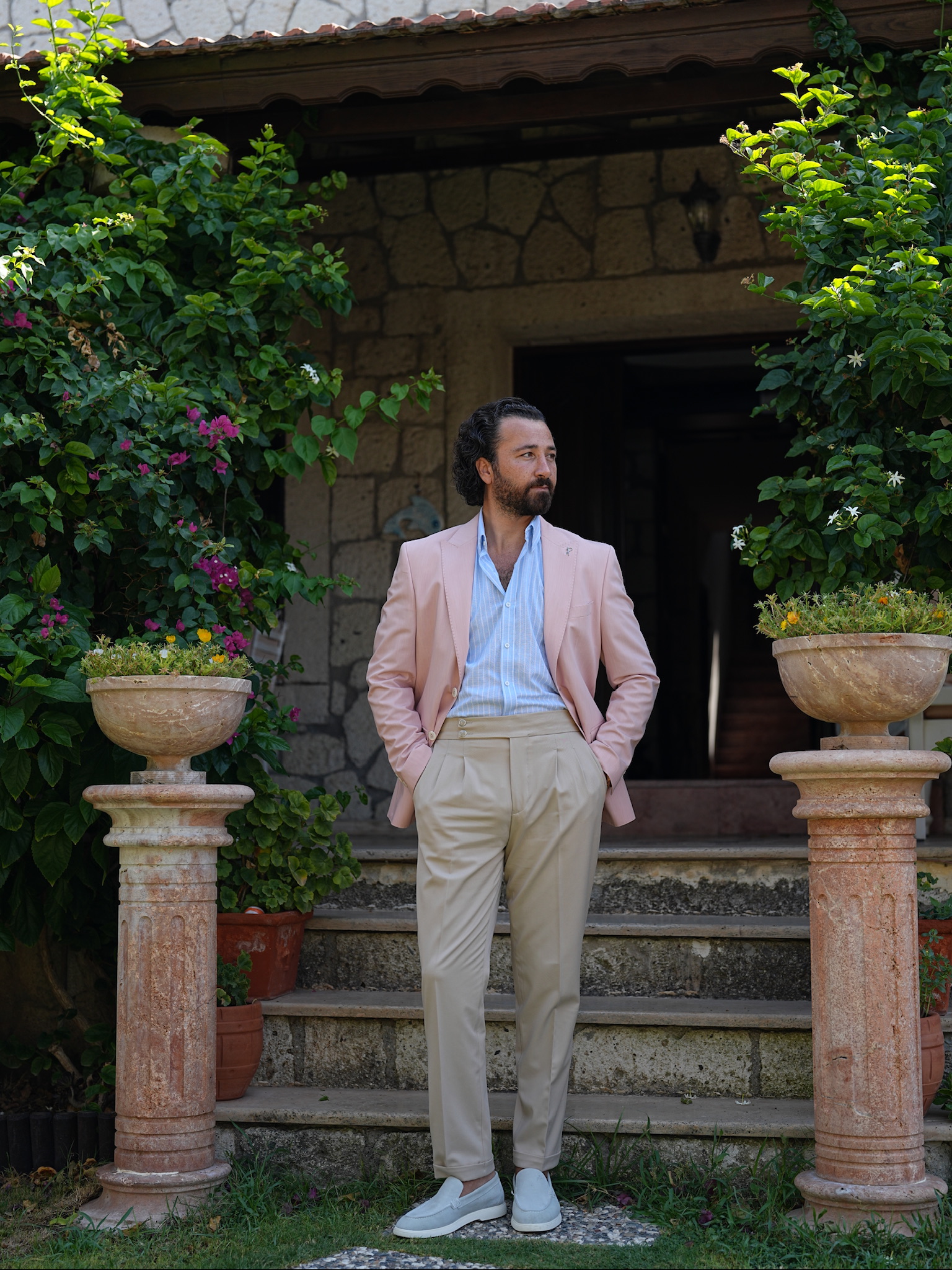 Erkek Premium İtalyan Stil Slim Fit Erkek Punto Dikişli Torba Cepli Yarım Astarlı Ceket - Pembe