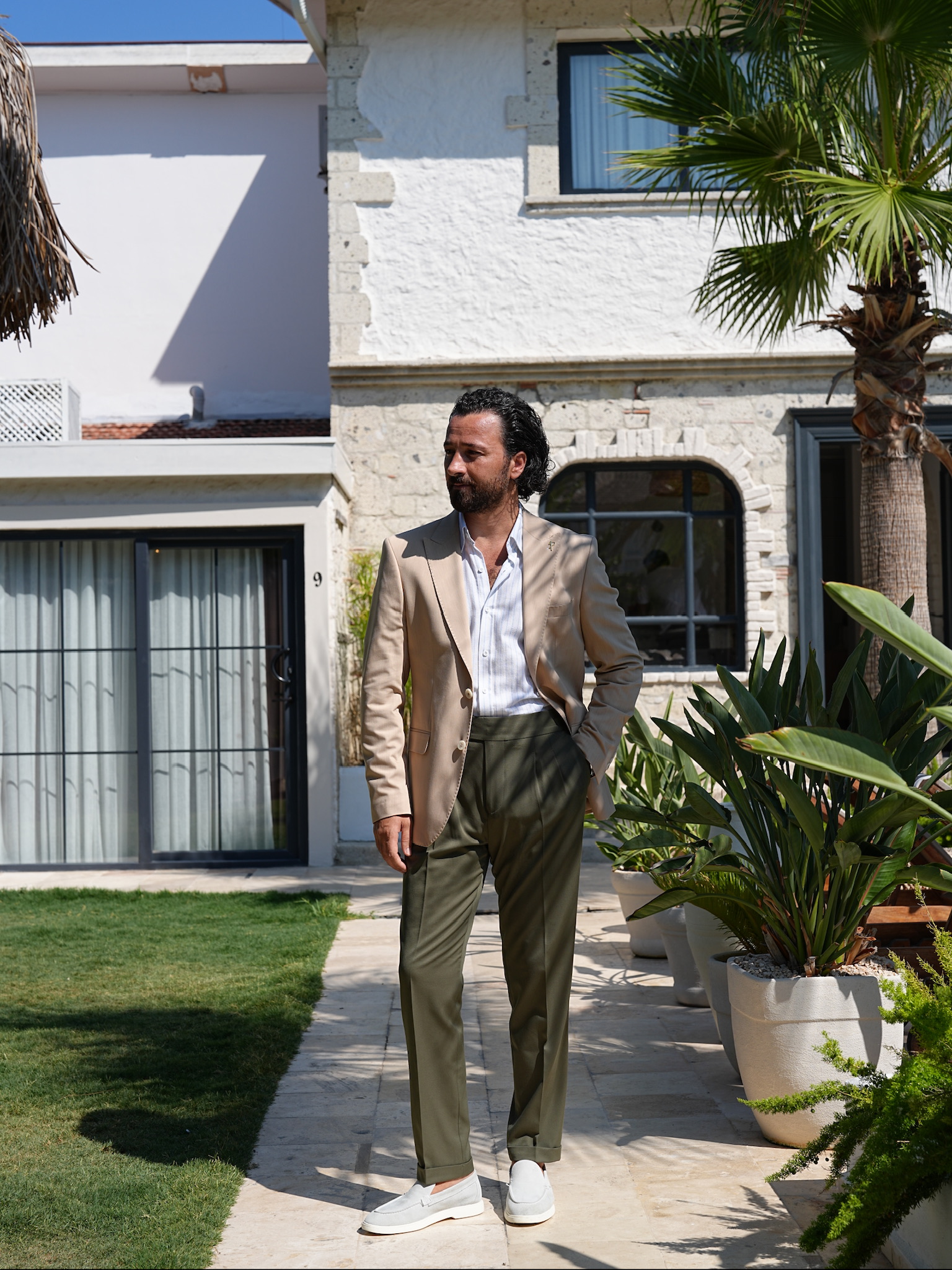 Erkek Premium İtalyan Stil Slim Fit Erkek Punto Dikişli Torba Cepli Yarım Astarlı Ceket - Krem