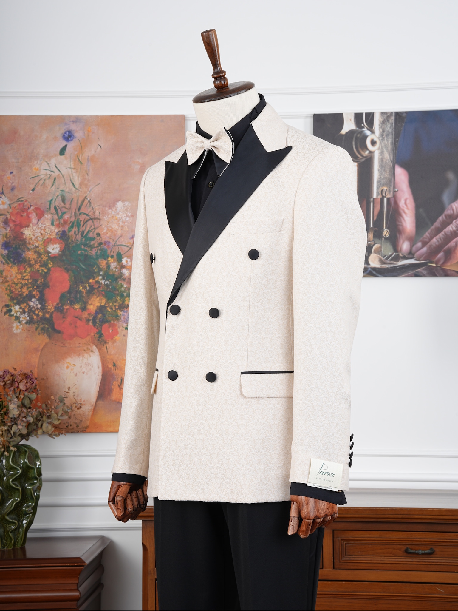 Premium Erkek Slim Fit İtalyan Stil Jakar Desenli Kruvaze Smokin Damatlık - Krem