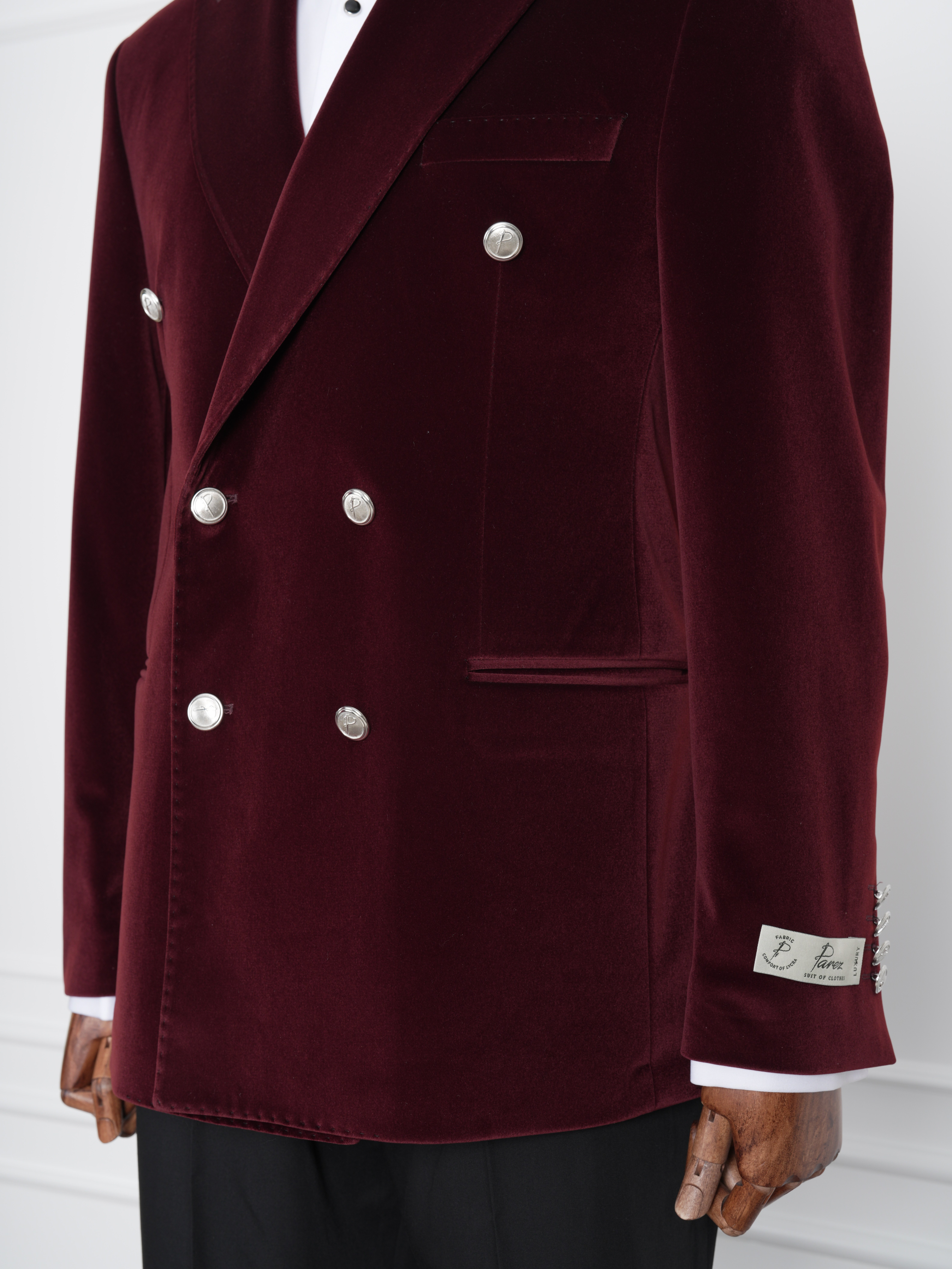 Premium Erkek Kadife Kruvaze Smokin Damatlık Metal Düğme Punto Dikişli Ceket Pantolon Papyon - Bordo