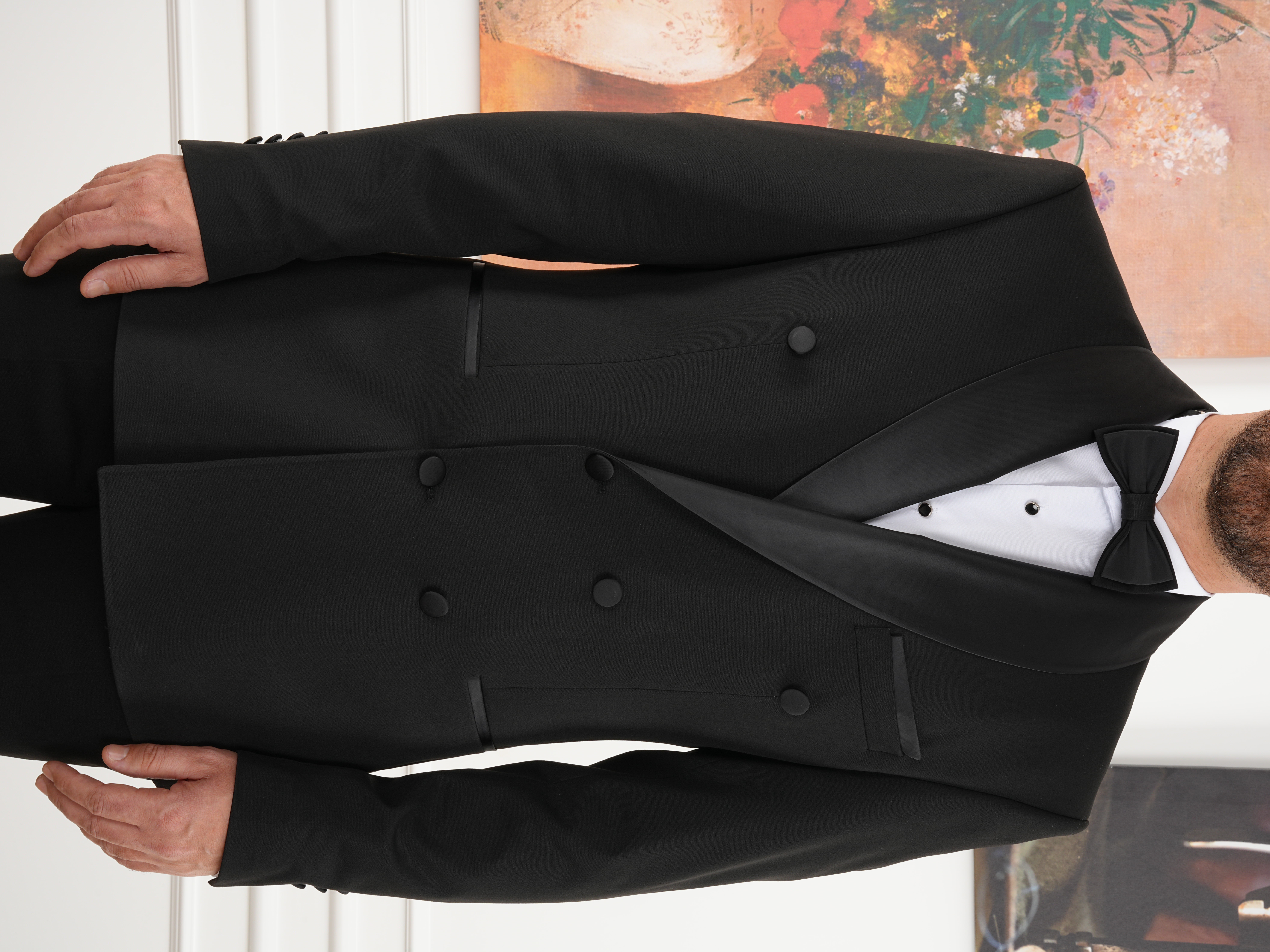 Erkek Premium Kruvaze Smokin Damatlık  Şal Yaka İtalyan Stil Ceket Pantolon Papyon - Siyah