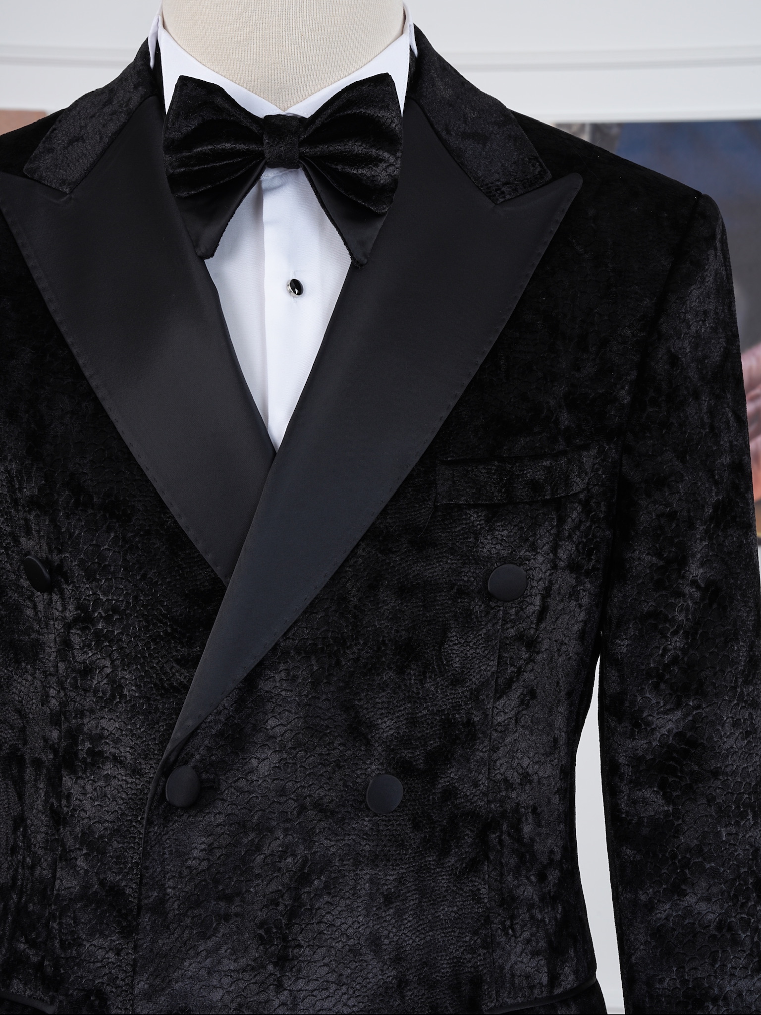 Premium Erkek Slim Fit İtalyan Stil Desenli Smokin Damatlık - Siyah