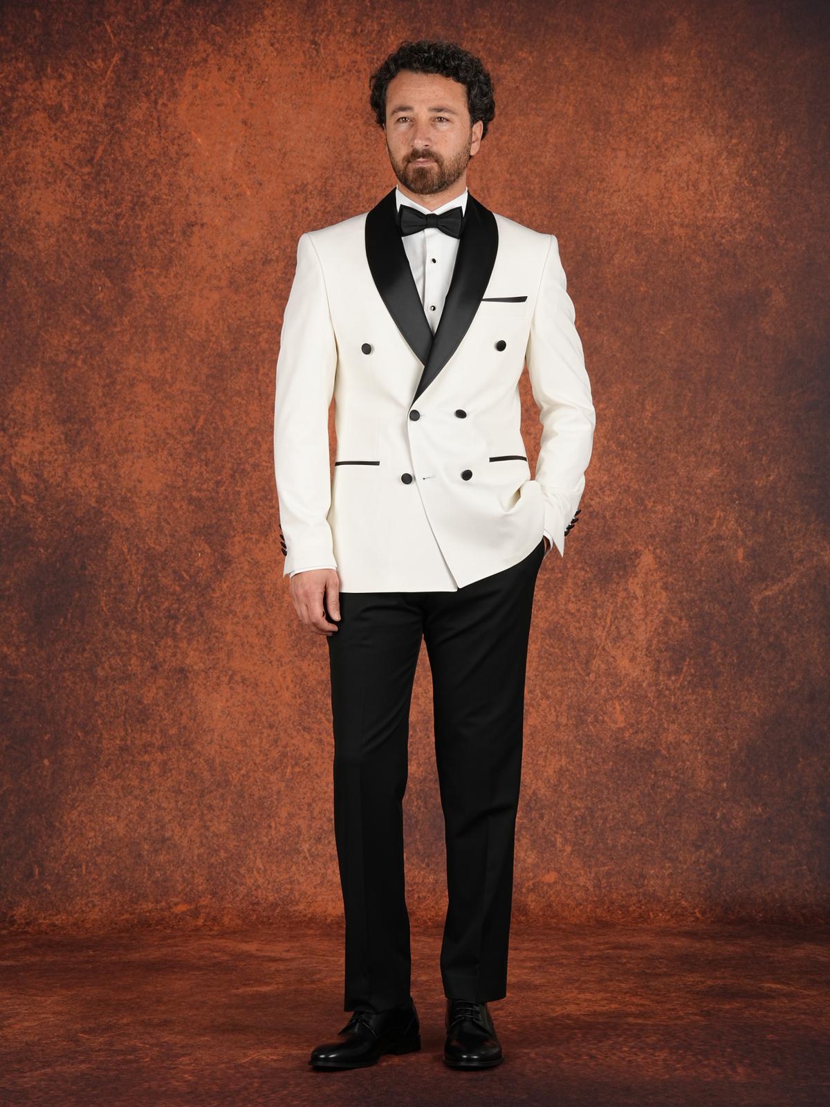 Erkek Premium Slim Fit İtalyan Stil  Damatlık Smokin Ceket Pantolon Papyon - Beyaz