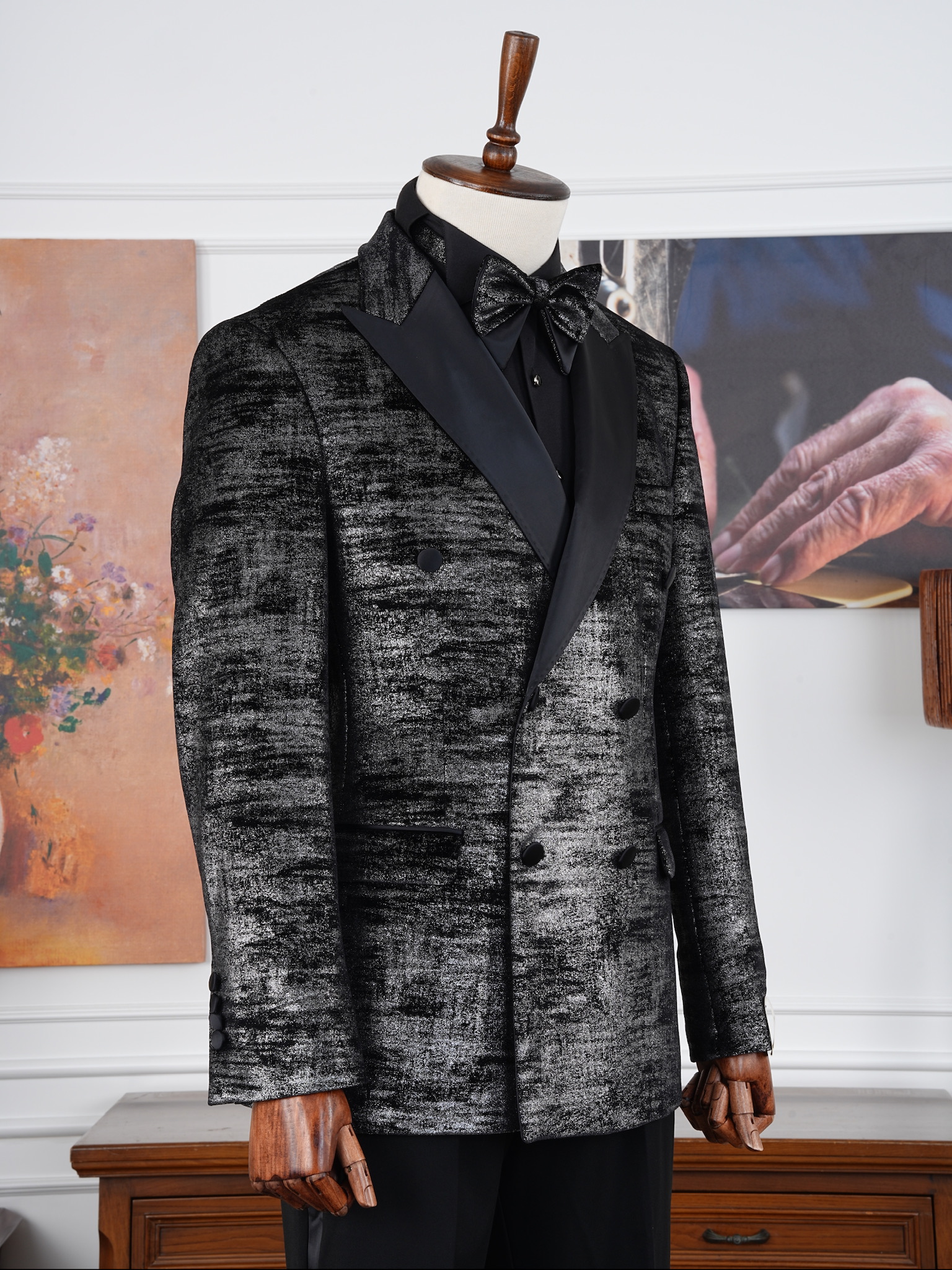 Premium Erkek Slim Fit İtalyan Stil Desenli Kruvaze Smokin Damatlık - Siyah