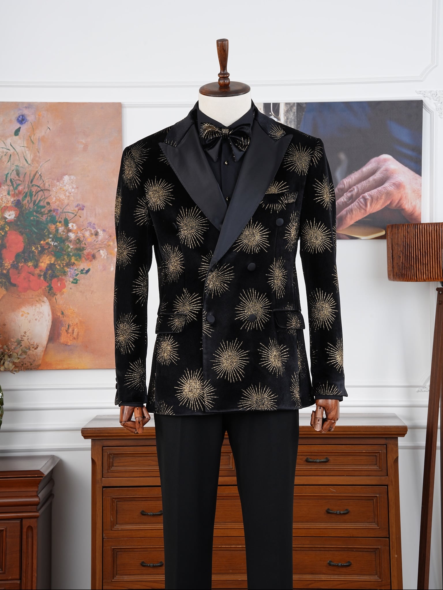 Premium Mens Slim Fit Italian Style Patterned Tuxedo Groom Suit - Black