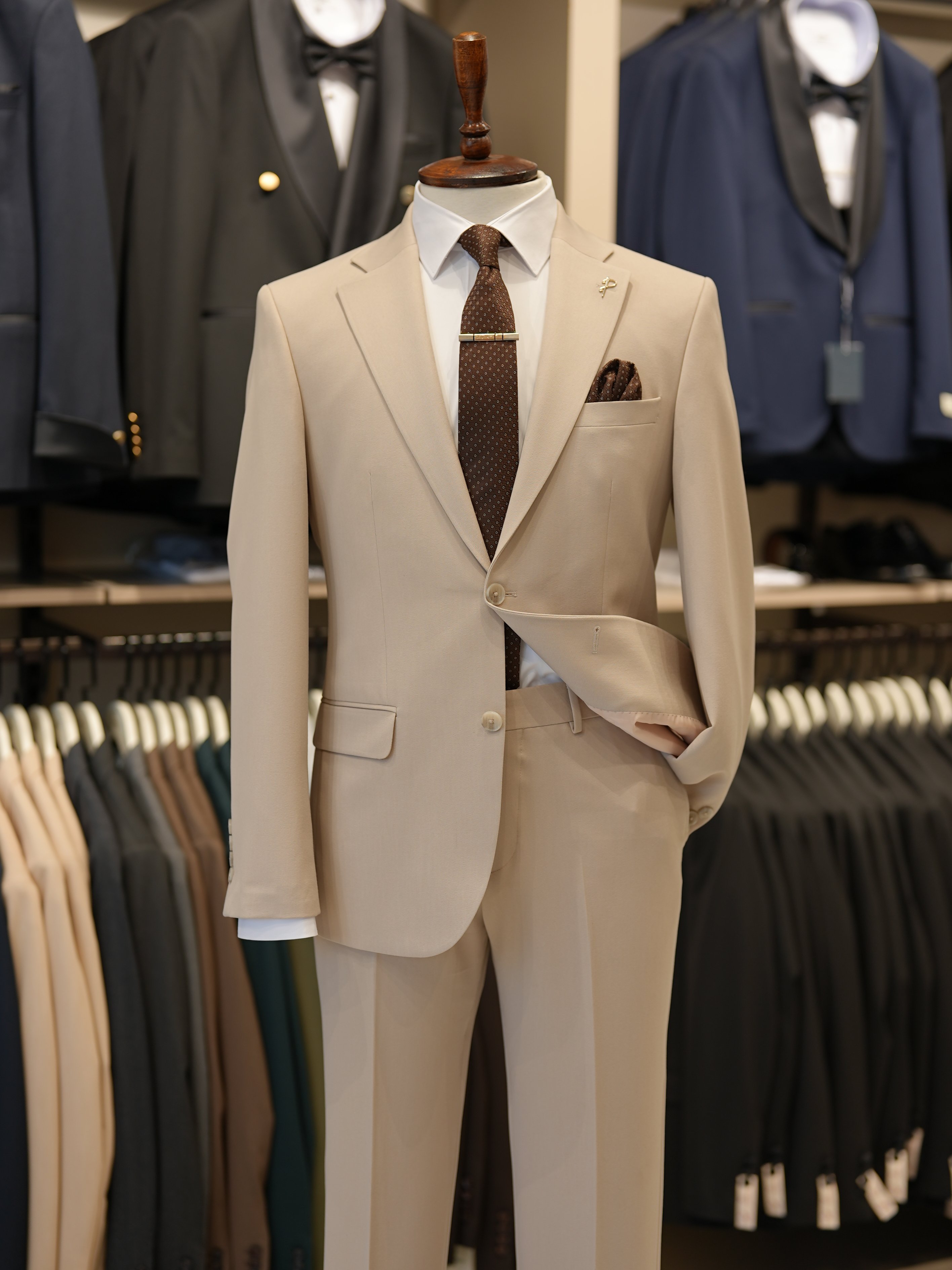 Erkek Slim Fit İtalyan Stil Mono Yaka  Kruvaze Takım Elbise - Ceket Pantolon - Bej