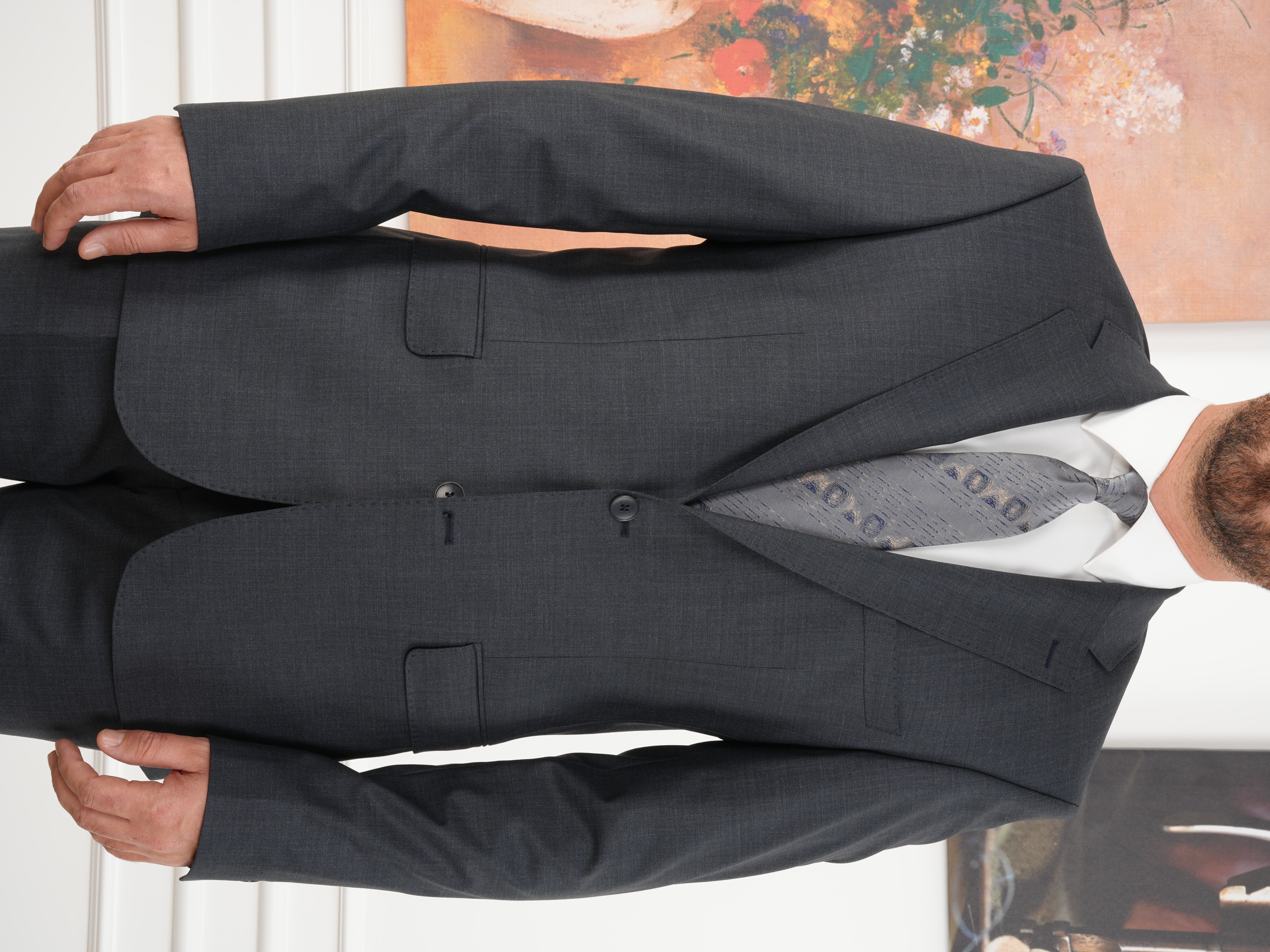 Erkek Regular İtalyan Stil Yünlü Mono Yaka Takım Elbise Ceket Pantolon - Füme