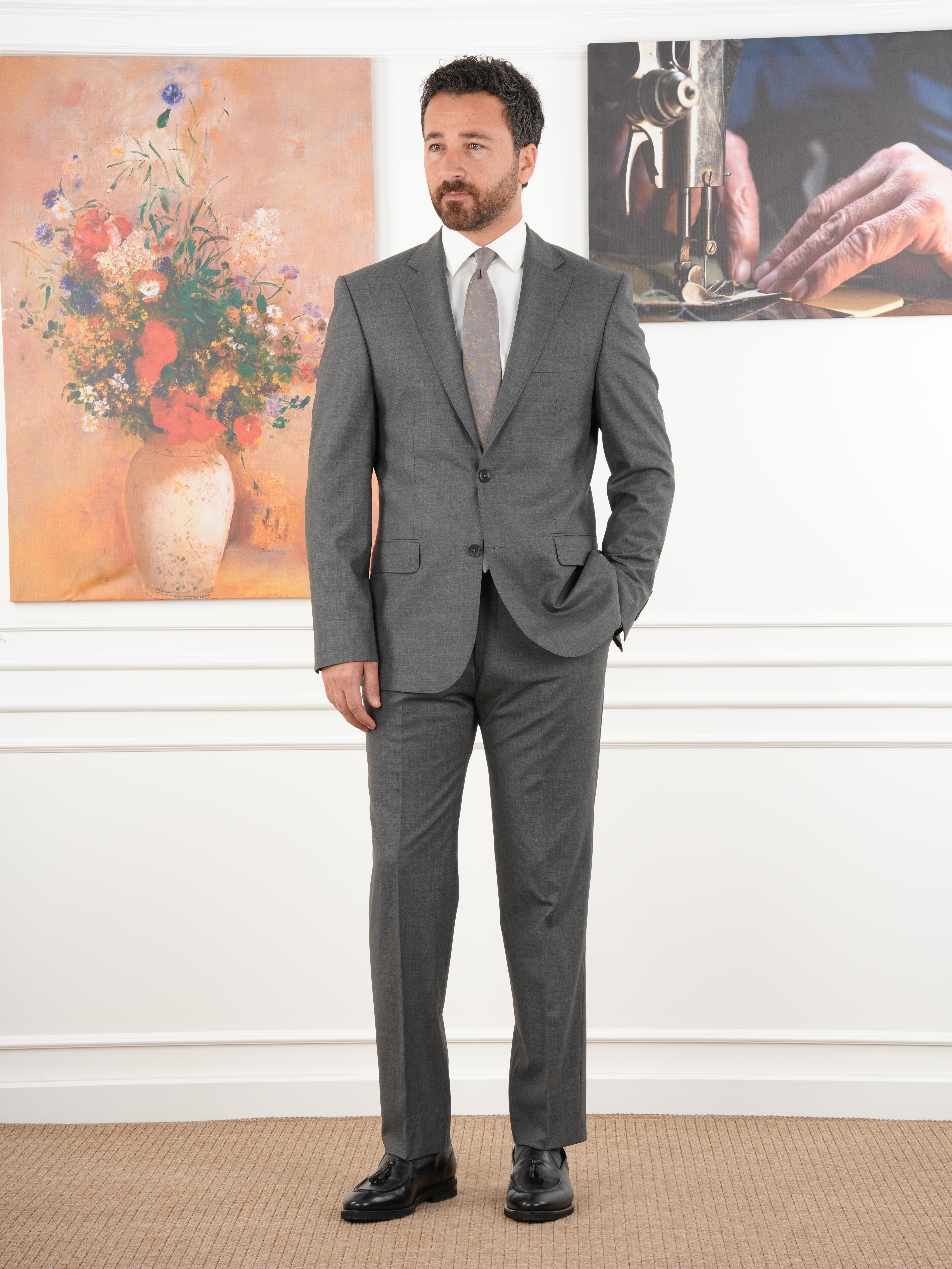 Erkek Regular İtalyan Stil Yünlü Mono Yaka Takım Elbise Ceket Pantolon - Gri