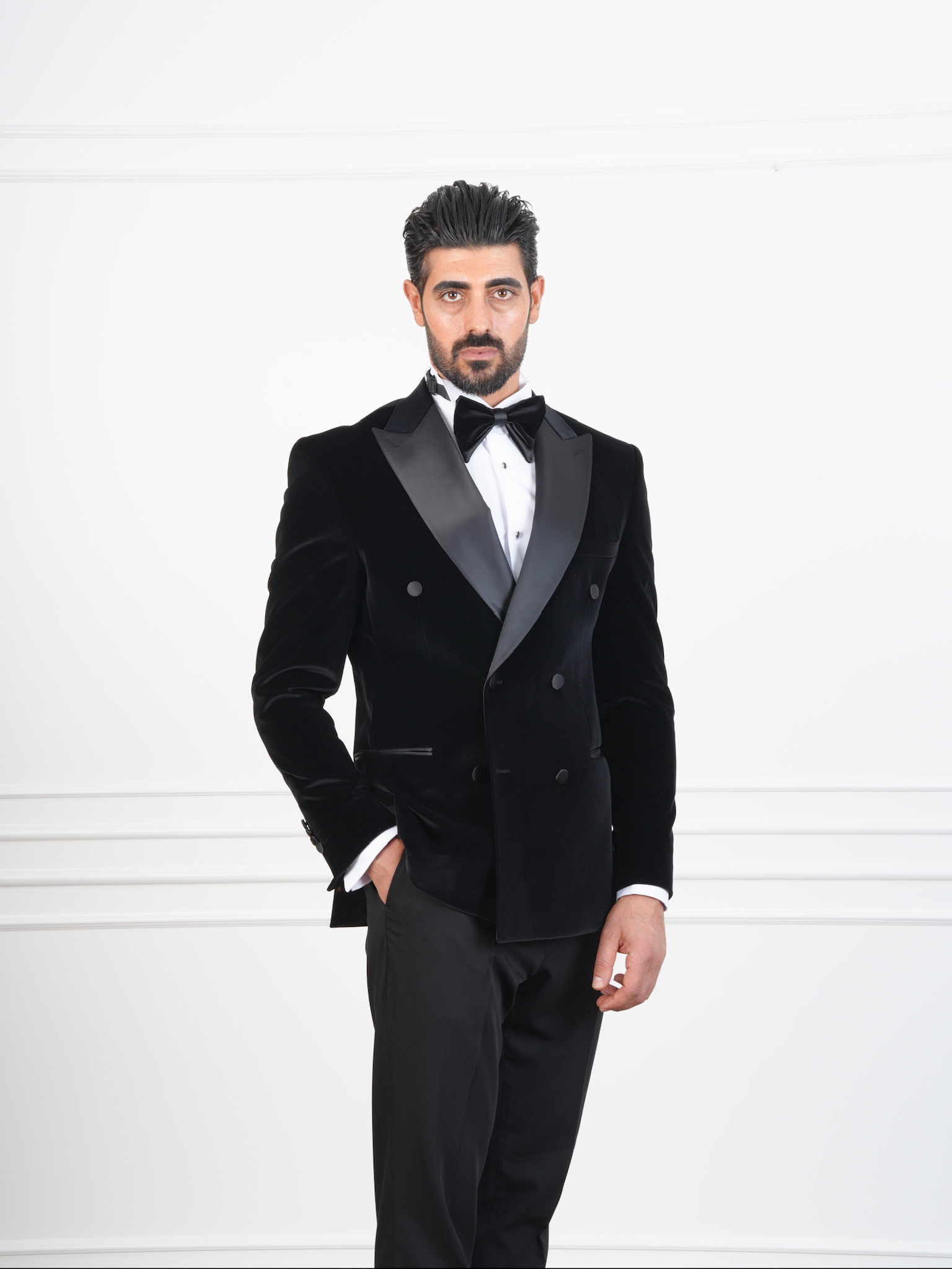 Erkek Premium Kadife Kruvaze Smokin Damatlık İtalyan Stil  Ceket Pantolon Papyon - Siyah