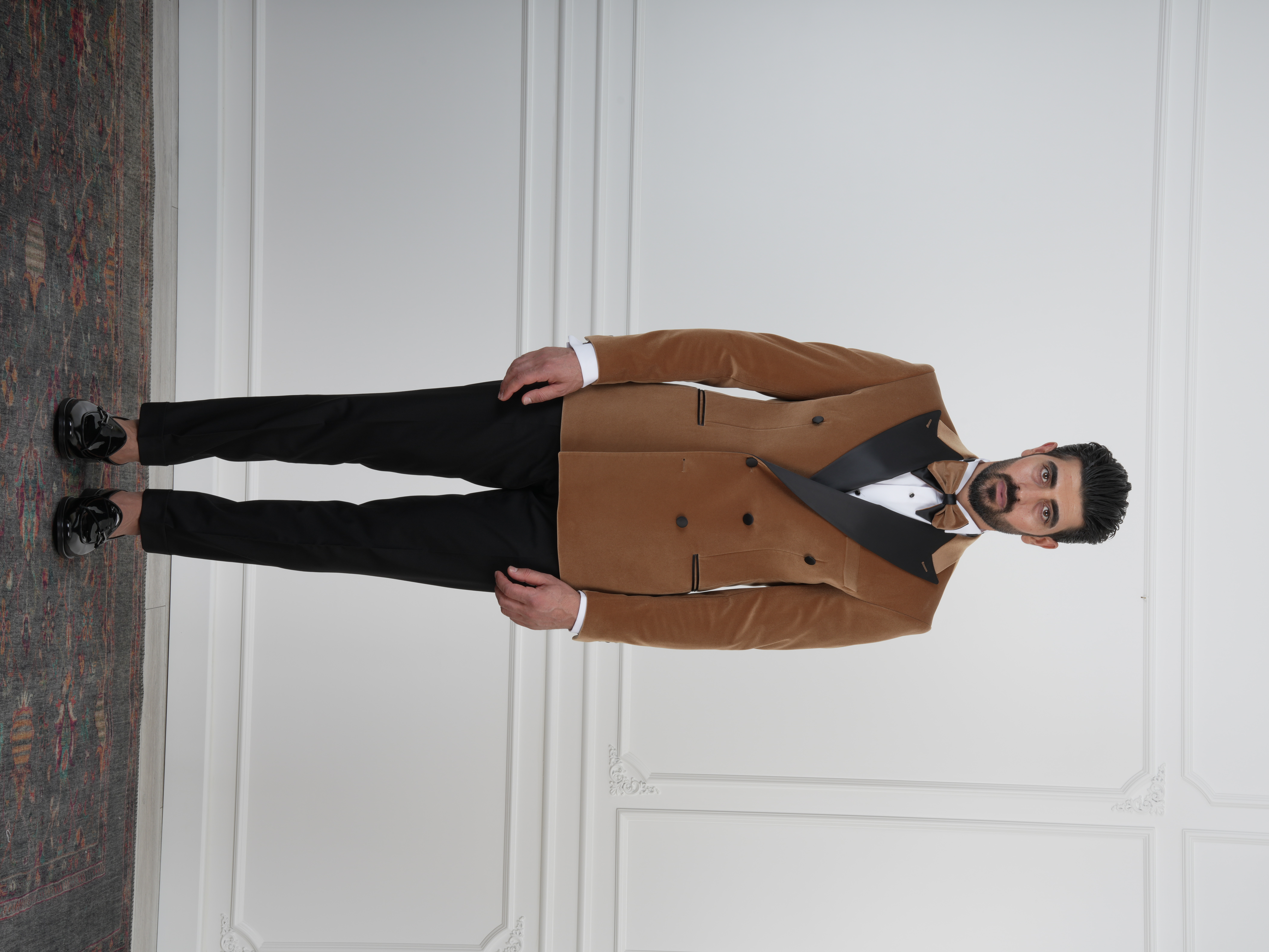 Erkek Premium Kadife Kruvaze Smokin Damatlık İtalyan Stil  Ceket Pantolon Papyon - Krem