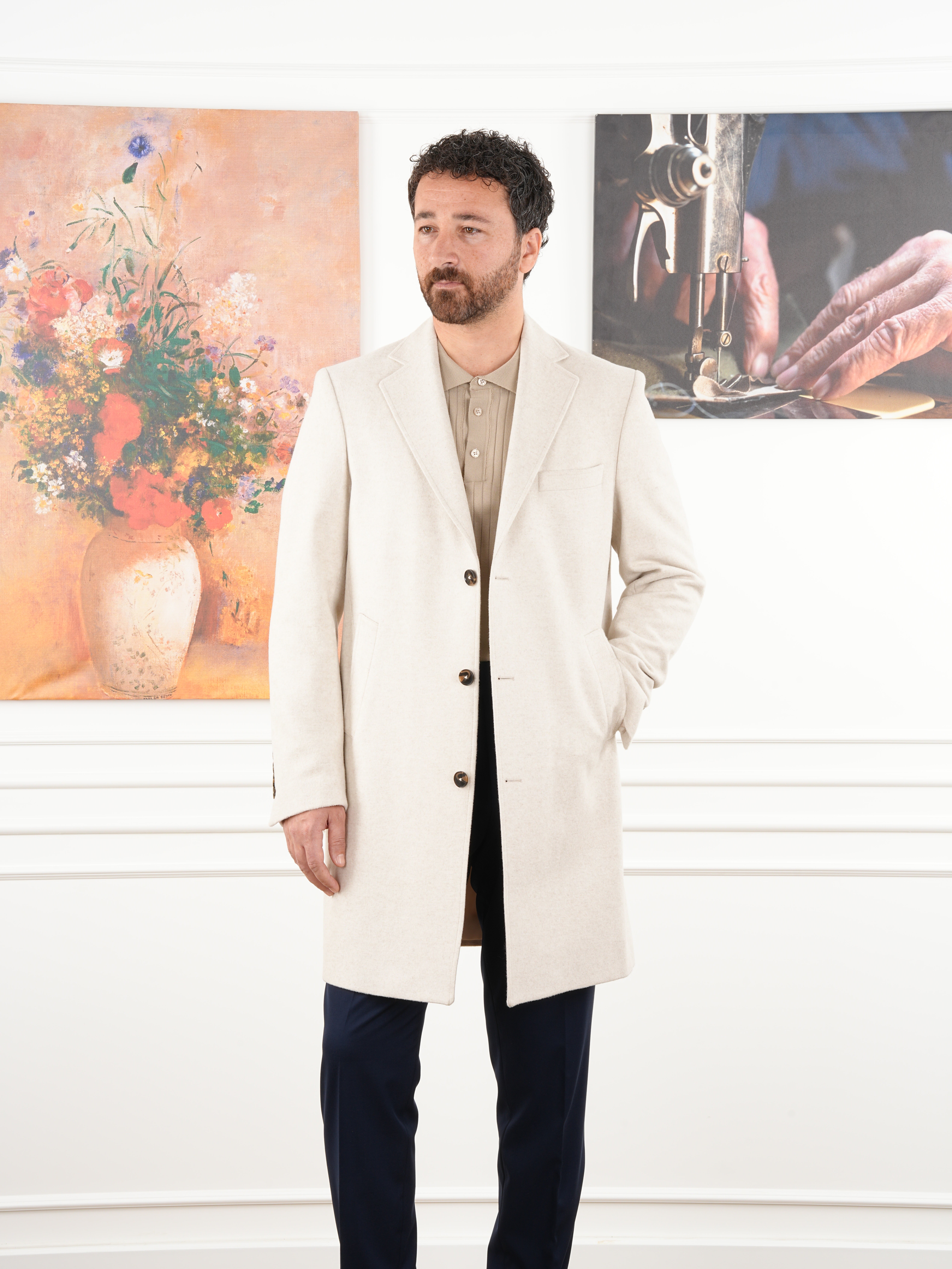 Erkek Premium İtalyan Stil Slim Fit Mono Yaka Kaşe Kaban - Bej