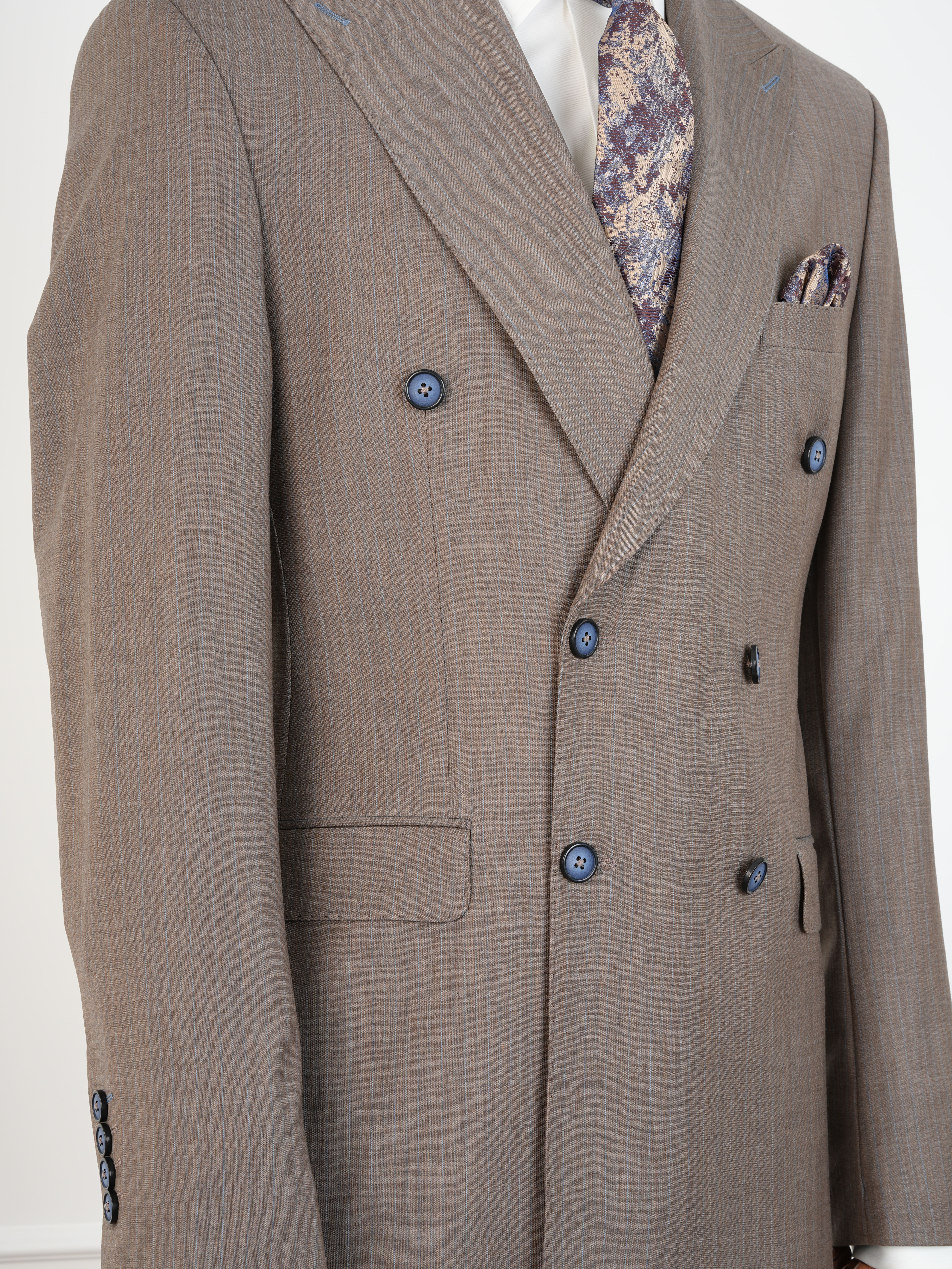 Yünlü Kruvaze Takım Elbise Slim Fit İtalyan Stil Ceket Pantolon - Sütlü Kahve