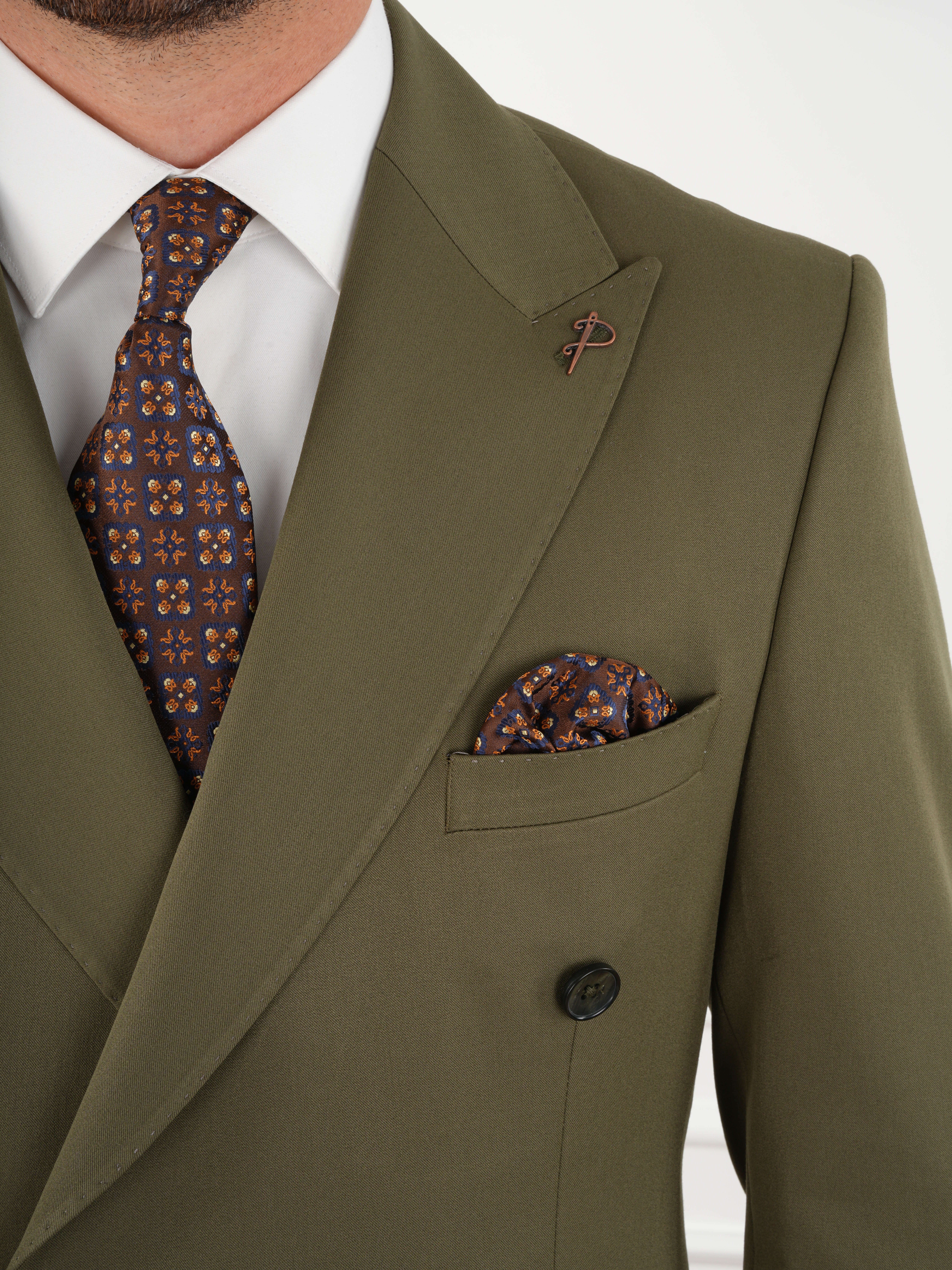 Erkek Slim Fit İtalyan Stil Kruvaze Takım Elbise Ceket Pantolon - Haki