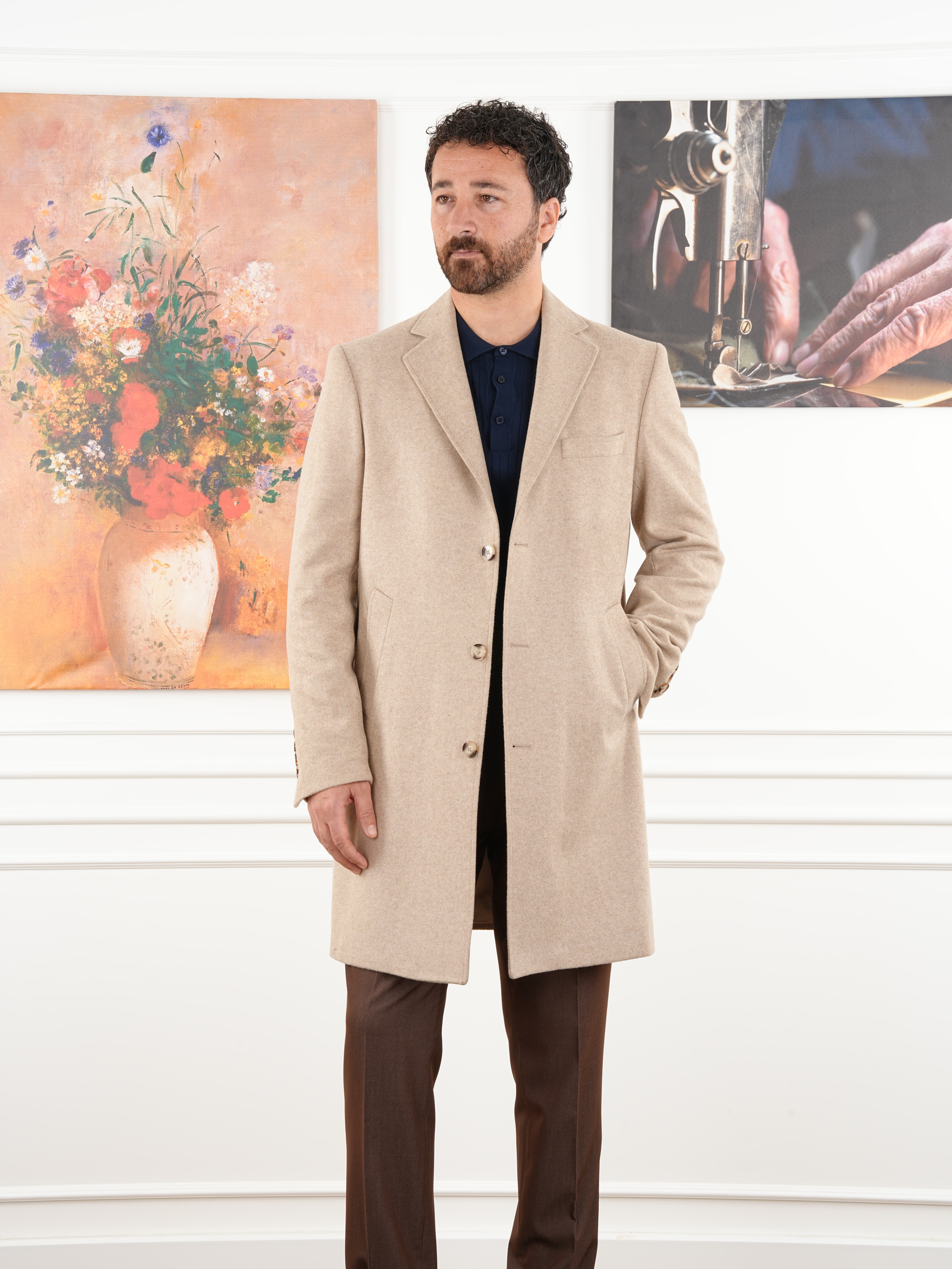 Erkek Premium İtalyan Stil Slim Fit Mono Yaka Kaşe Kaban - Krem