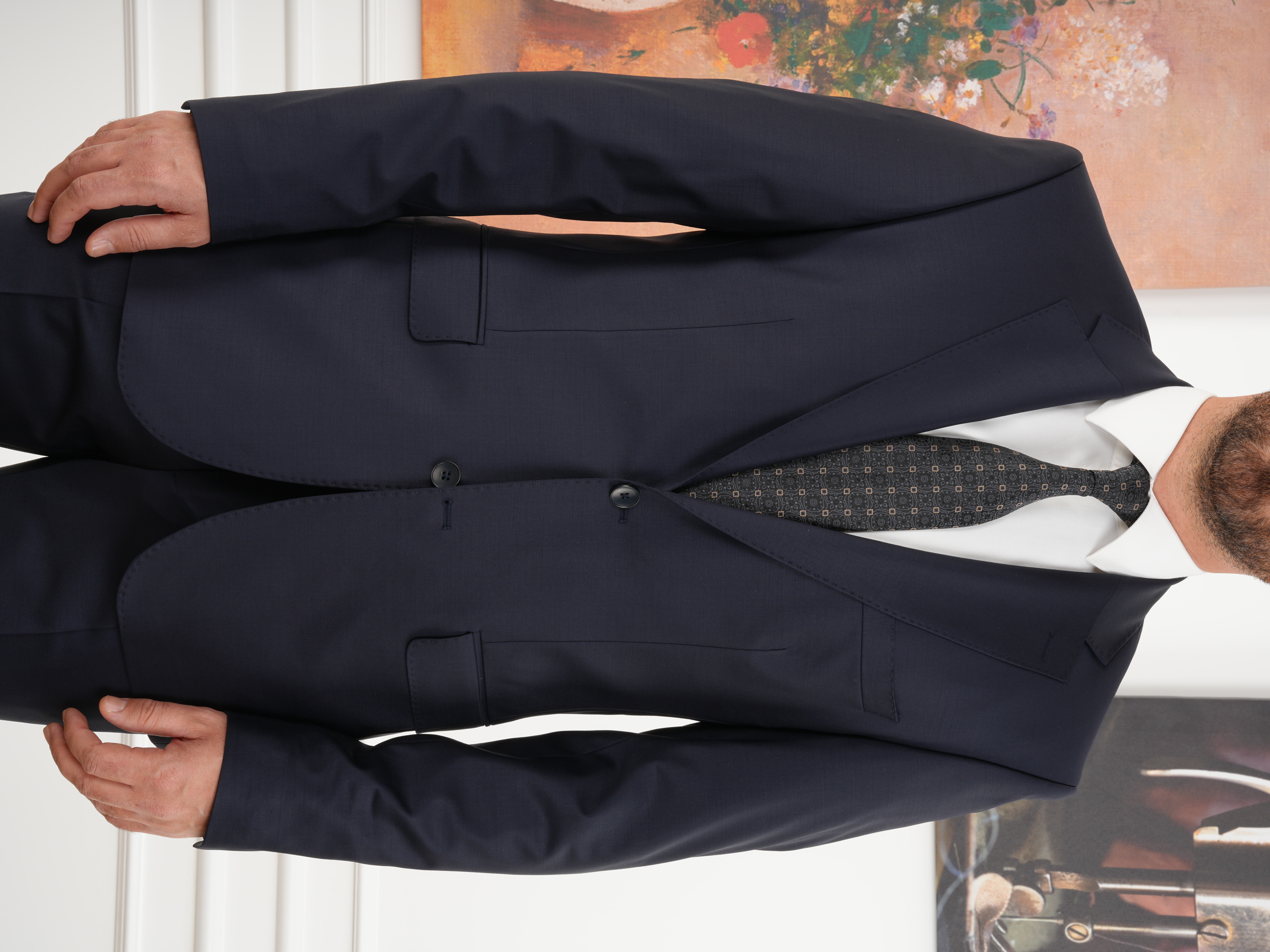 Erkek Regular İtalyan Stil Yünlü Mono Yaka Takım Elbise Ceket Pantolon - Lacivert