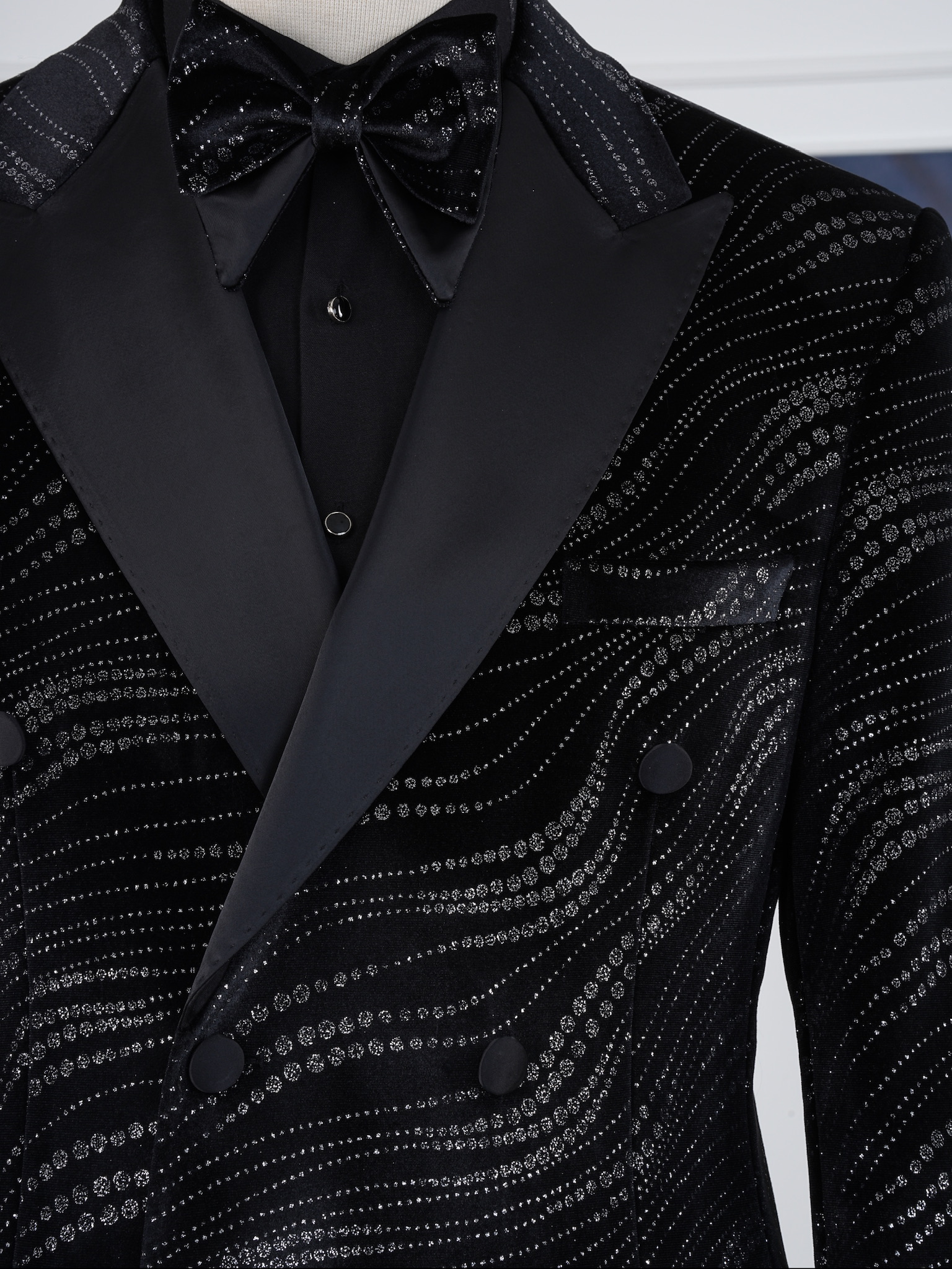 Erkek Slim Fit İtalyan Stil Baskı Desenli Smokin Damatlık - Siyah