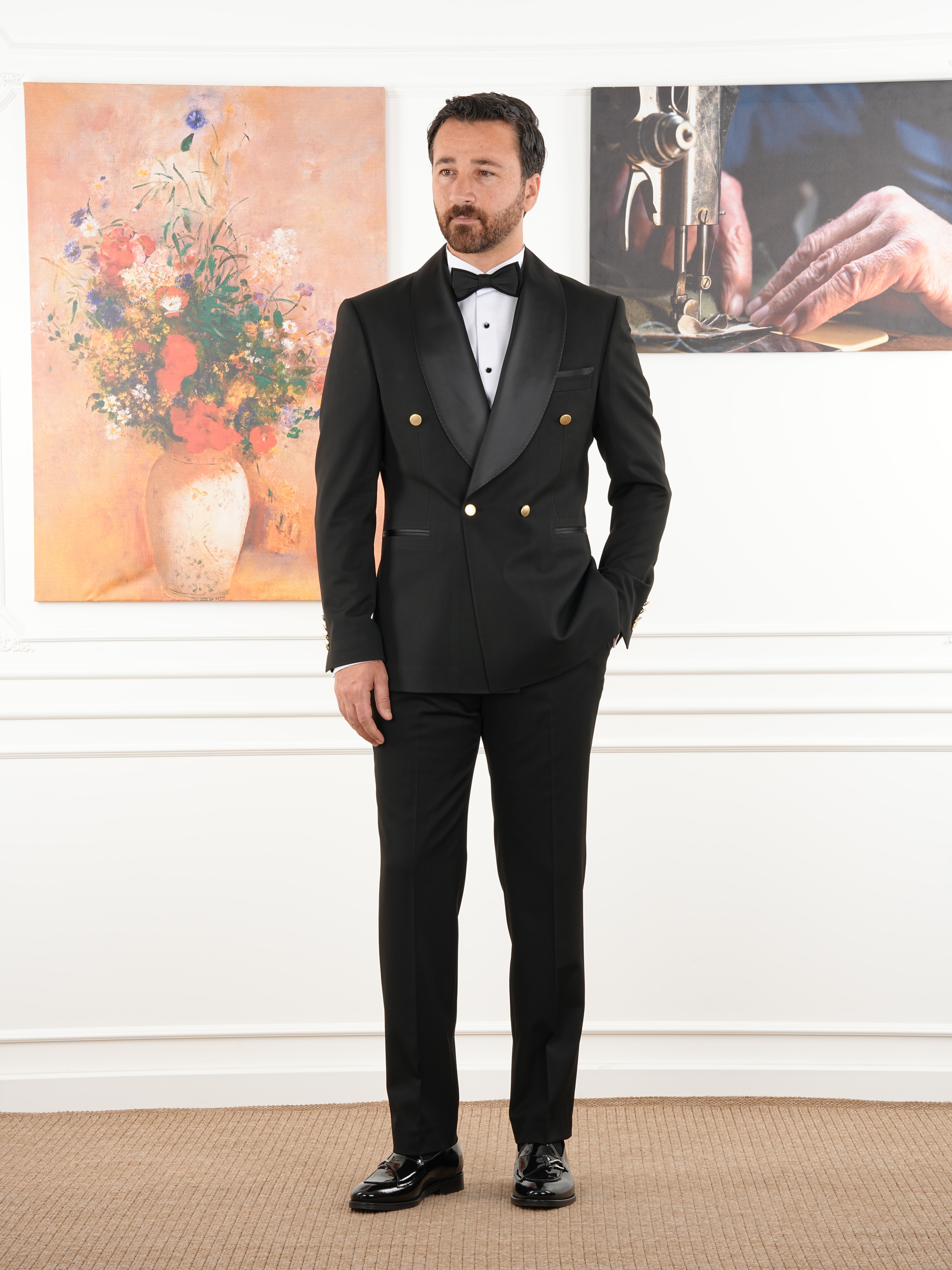 Premium Erkek Slim Fit İtalyan Stil Kruvaze Smokin Puntolu Şal Yaka Damatlık Ceket Pantolon Papyon - Siyah