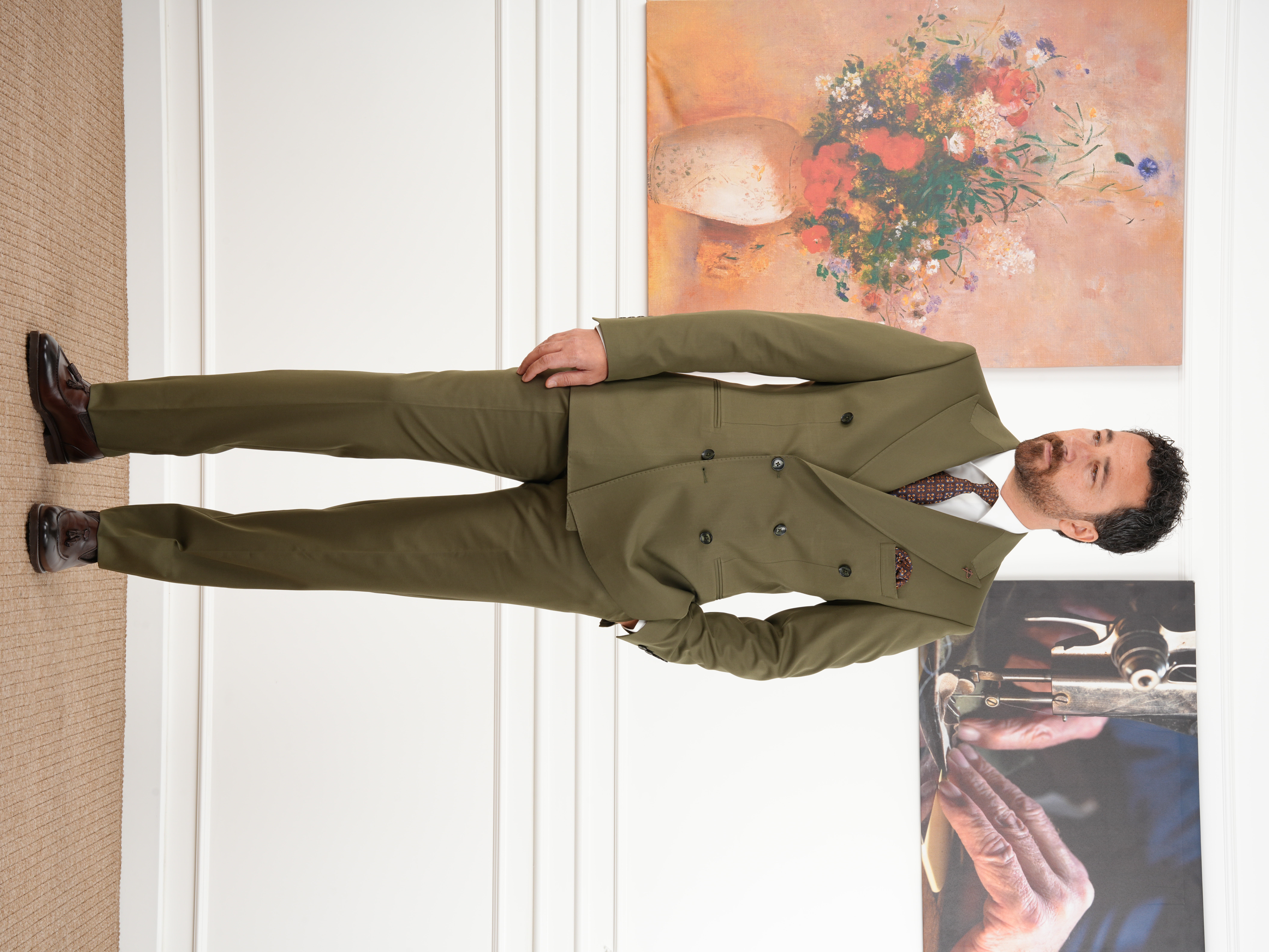 Erkek Slim Fit İtalyan Stil Kruvaze Takım Elbise Ceket Pantolon - Haki