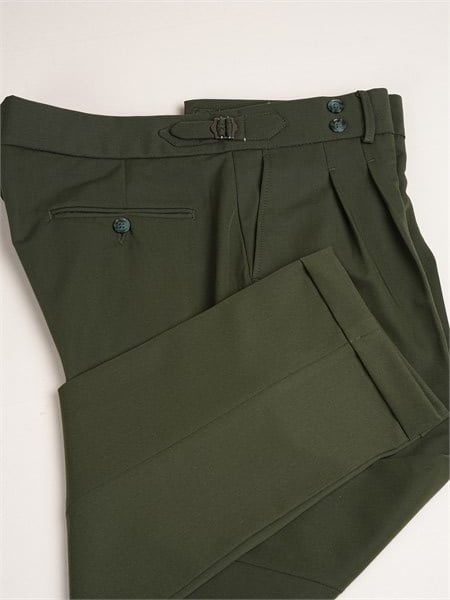 Erkek Regular Fit Yüksek Bel Piliseli Tokalı Kumaş Pantolon - Haki