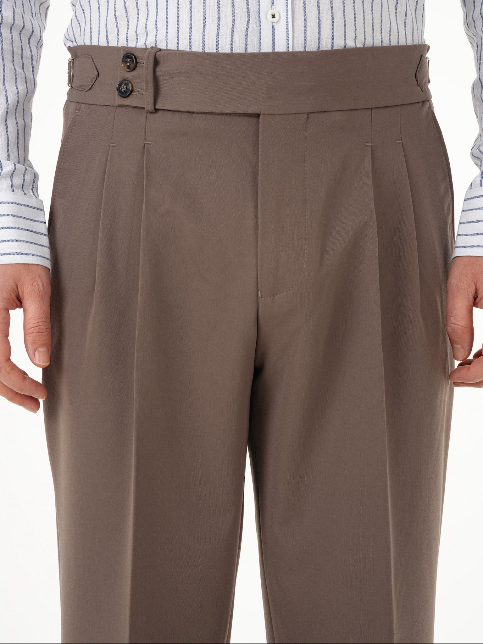 Erkek Regular Fit Yüksek Bel Piliseli Tokalı Kumaş Pantolon - Kahve