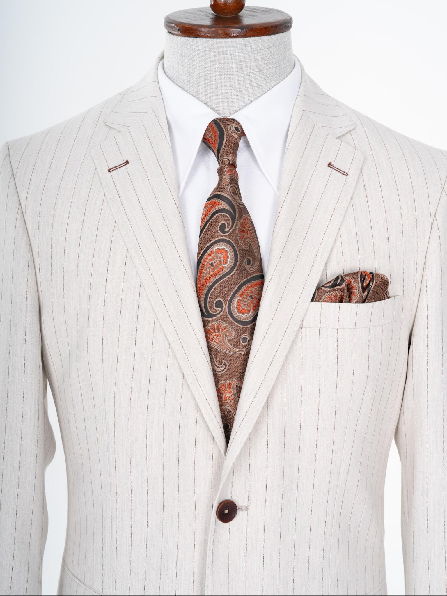 Premium Erkek Mono Yaka Çizgili Takım Elbise Slim Fit İtalyan Stil Punto Dikişli Ceket Pantolon - Krem