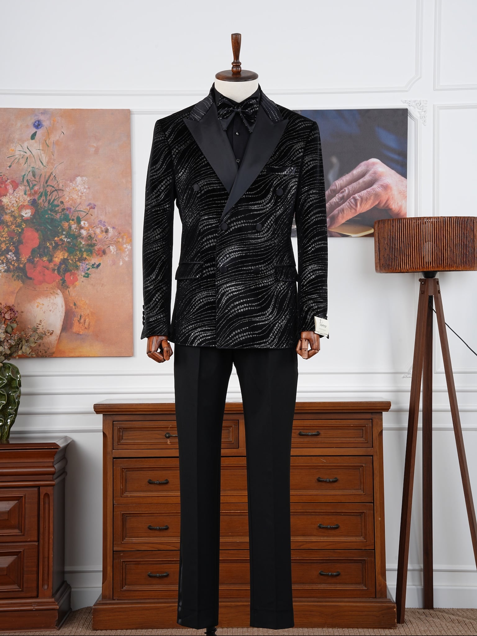 Erkek Slim Fit İtalyan Stil Baskı Desenli Smokin Damatlık - Siyah