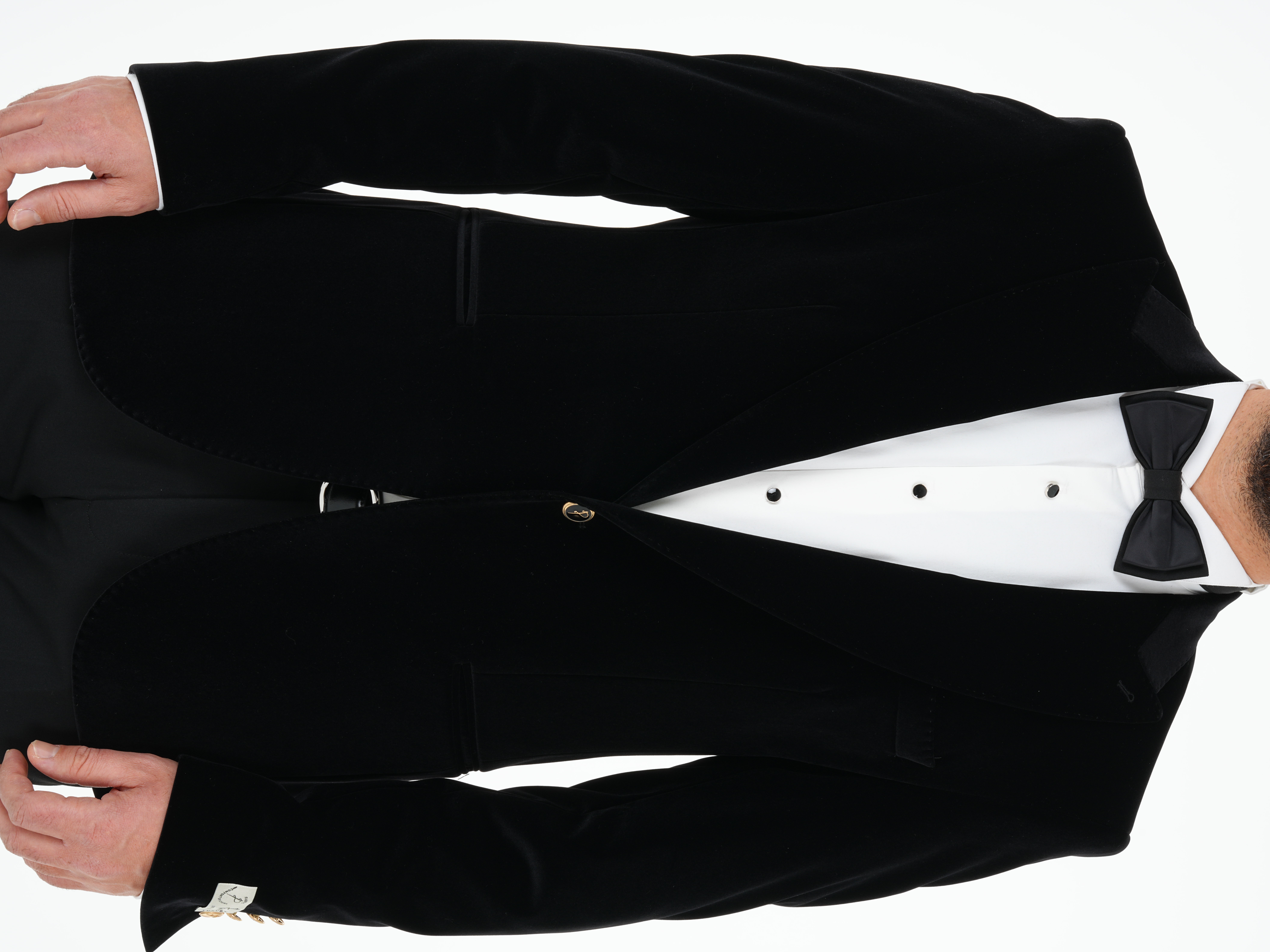 Premium Erkek Kadife Smokin Damatlık Gold Düğme Punto Dikişli Ceket Pantolon Papyon - Siyah