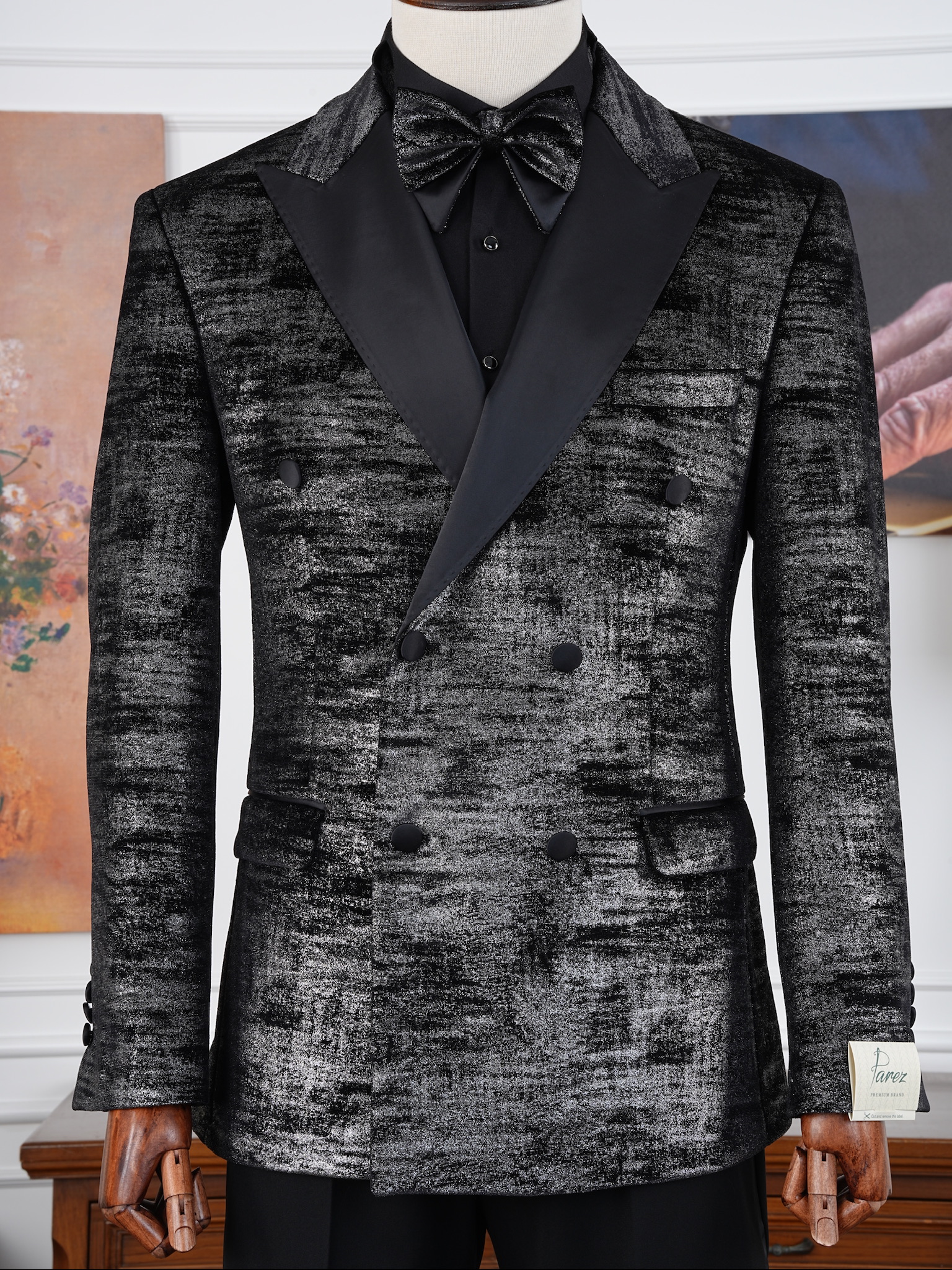 Premium Erkek Slim Fit İtalyan Stil Desenli Kruvaze Smokin Damatlık - Siyah