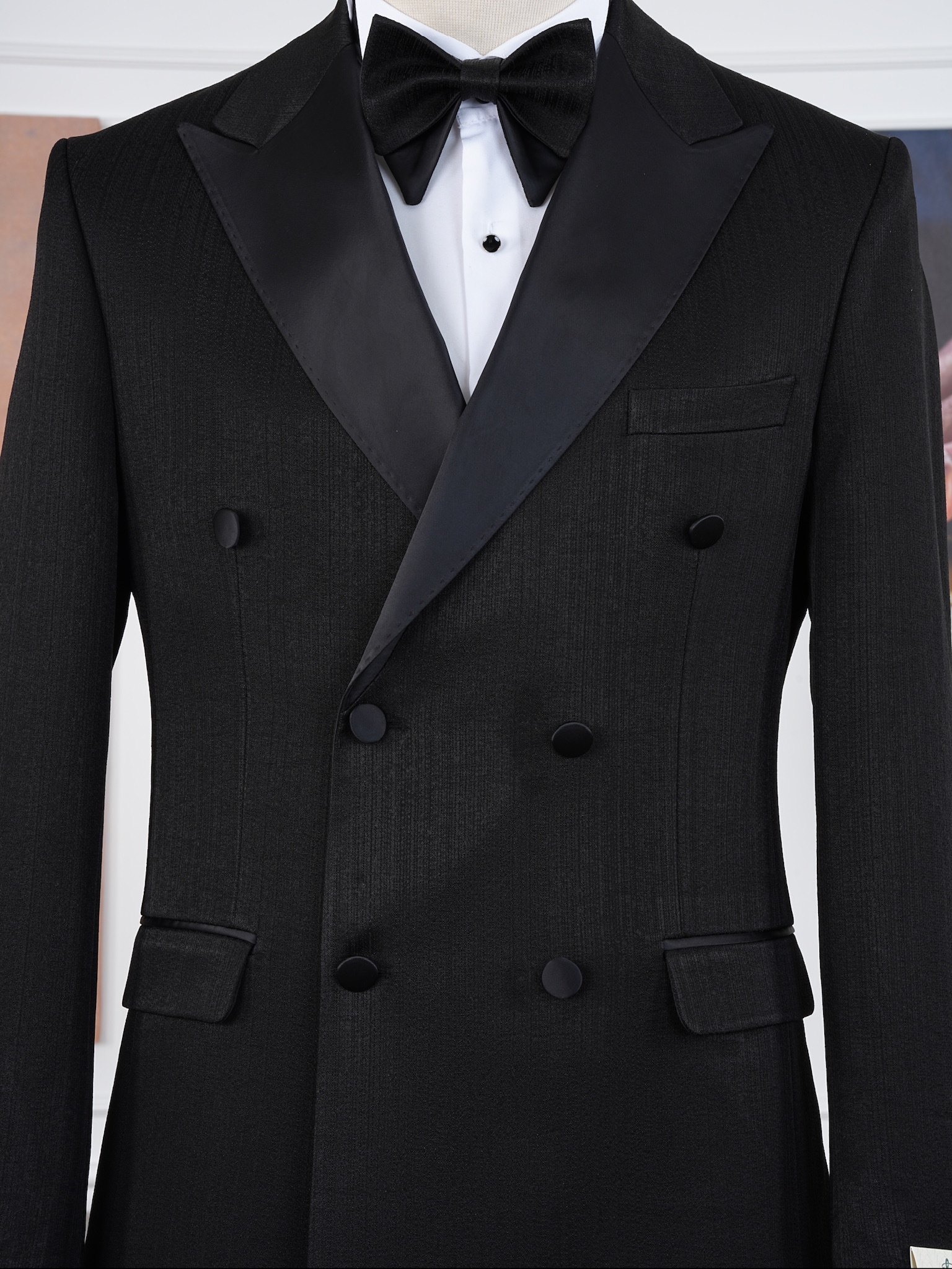 Erkek Slim Fit İtalyan Stil Kendinden Desenli Kruvaze Smokin Damatlık - Siyah