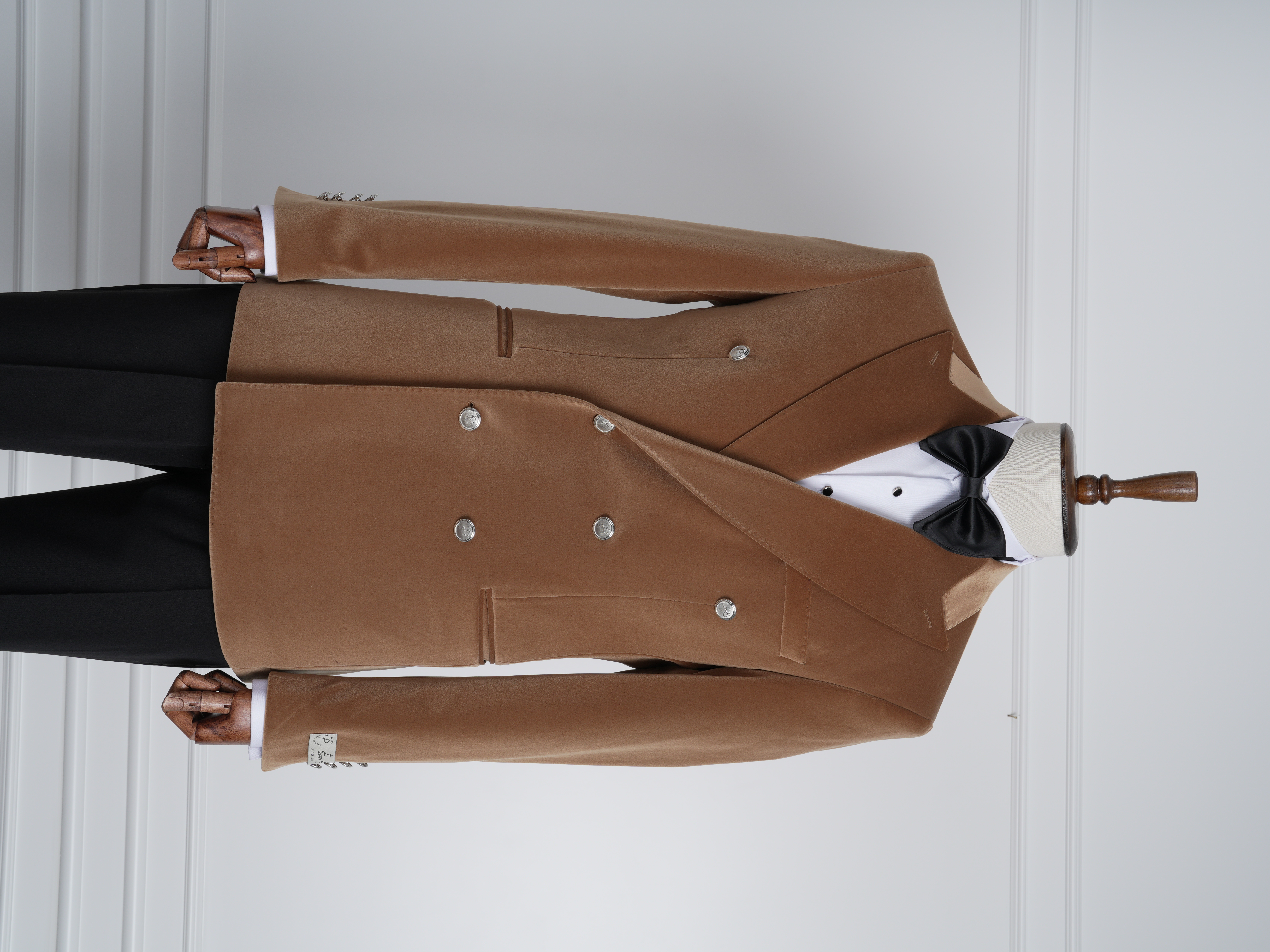 Premium Erkek Kadife Kruvaze Smokin Damatlık Metal Düğme Punto Dikişli Ceket Pantolon Papyon - Krem