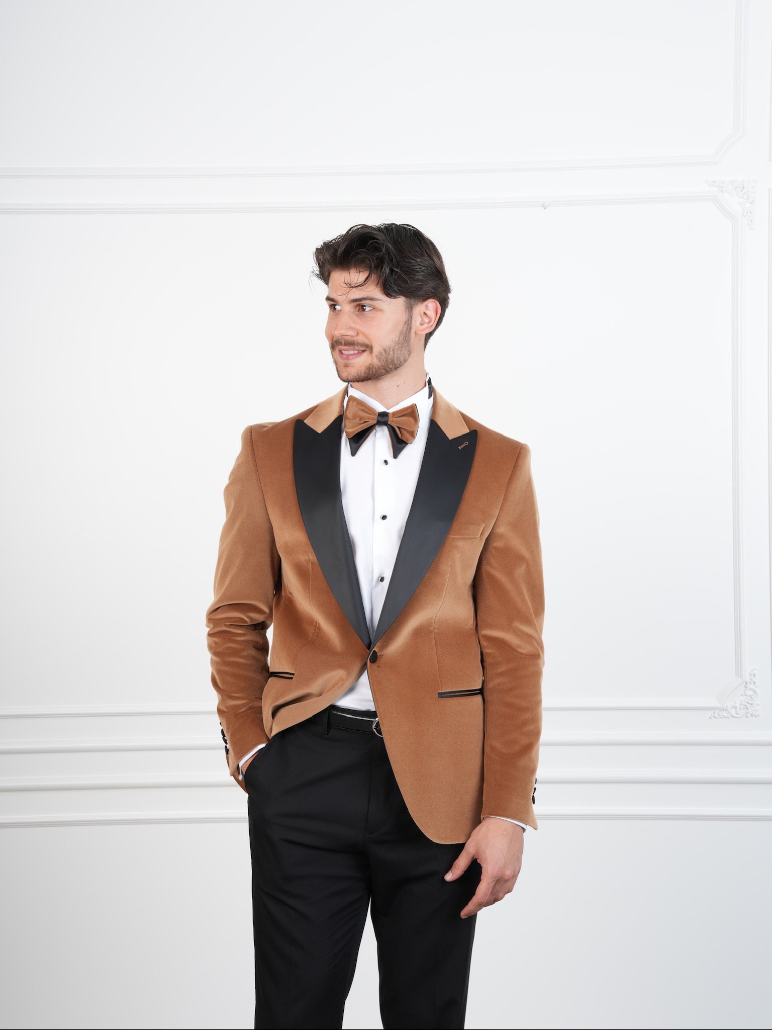 Erkek Premium Kadife Smokin Damatlık İtalyan Stil Slim Fit Ceket Pantolon Papyon - Krem