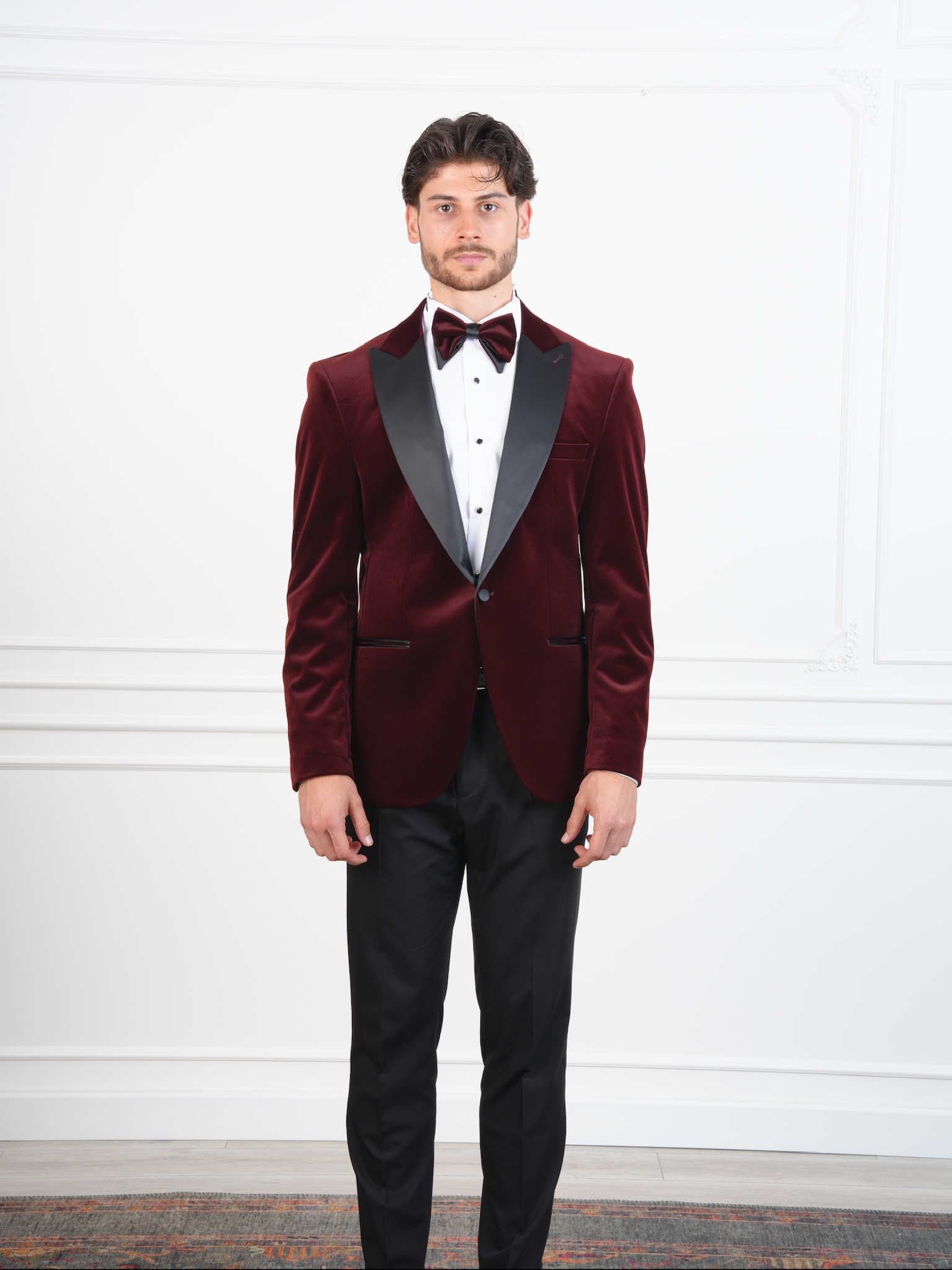 Erkek Premium Kadife Smokin Damatlık İtalyan Stil Slim Fit Ceket Pantolon Papyon - Bordo