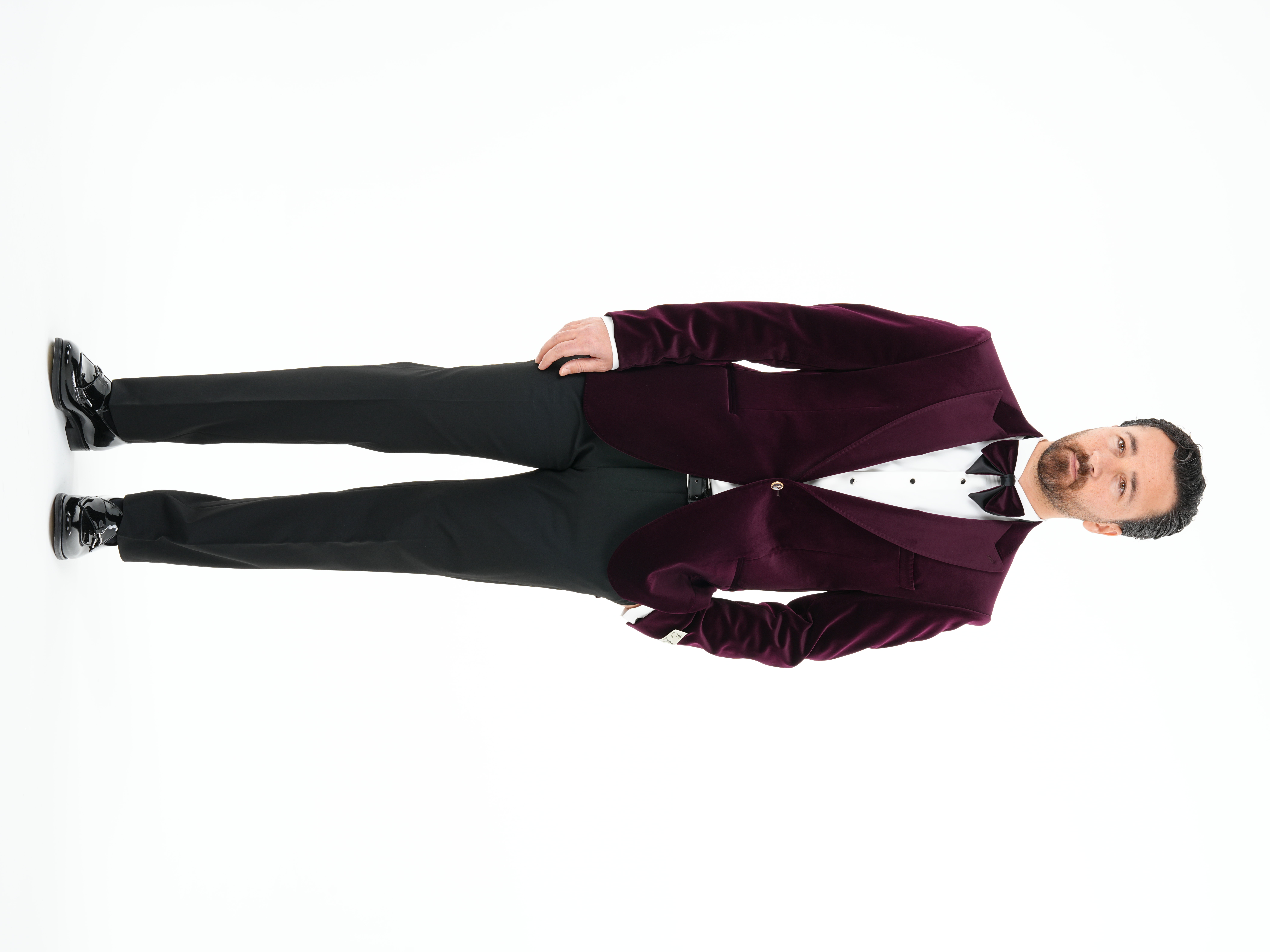 Premium Erkek Kadife Smokin Damatlık Gold Düğme Punto Dikişli Ceket Pantolon Papyon - Mor