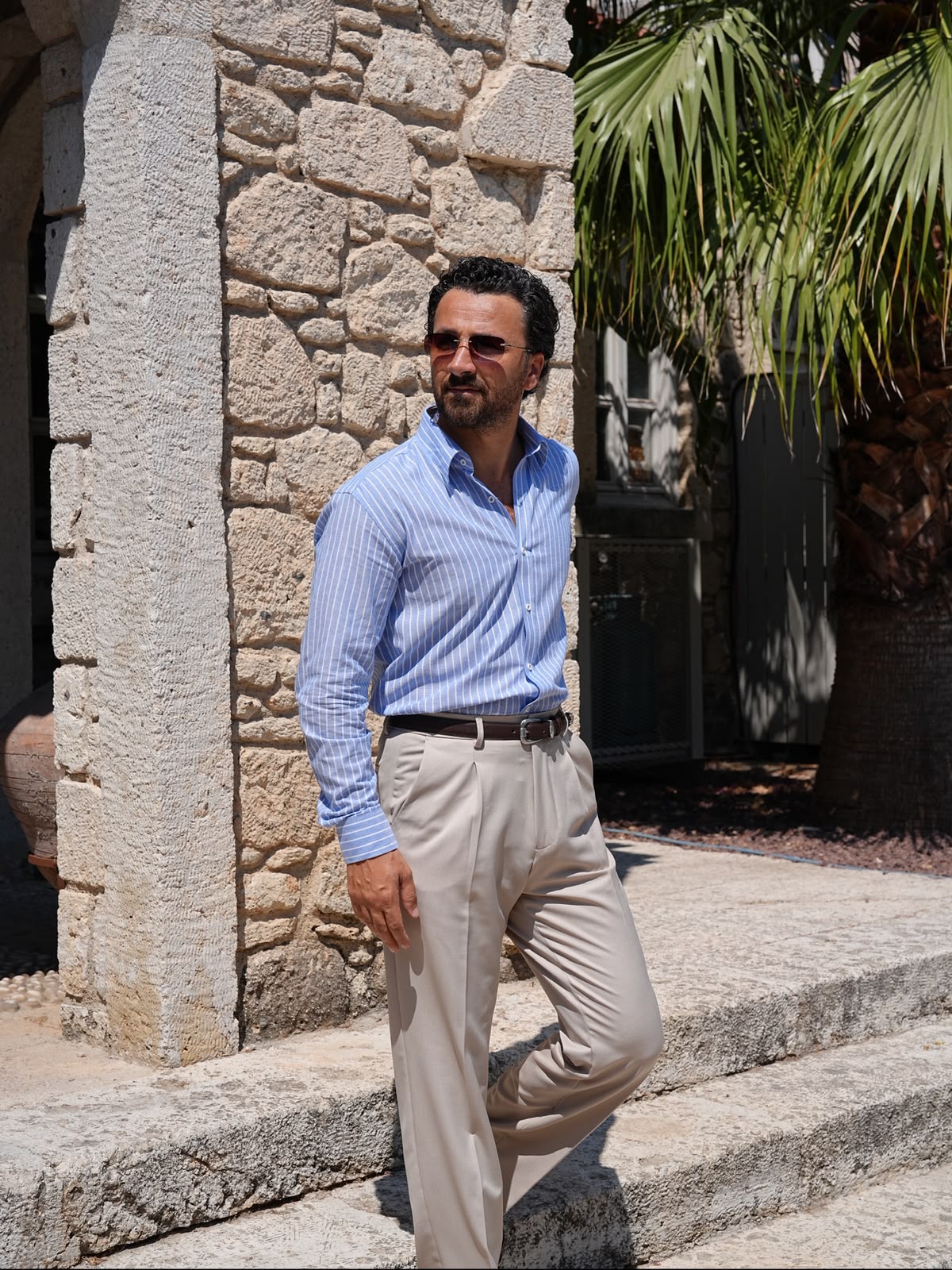 Premium Mens Regular Fit Striped Linen Shirt - Blue