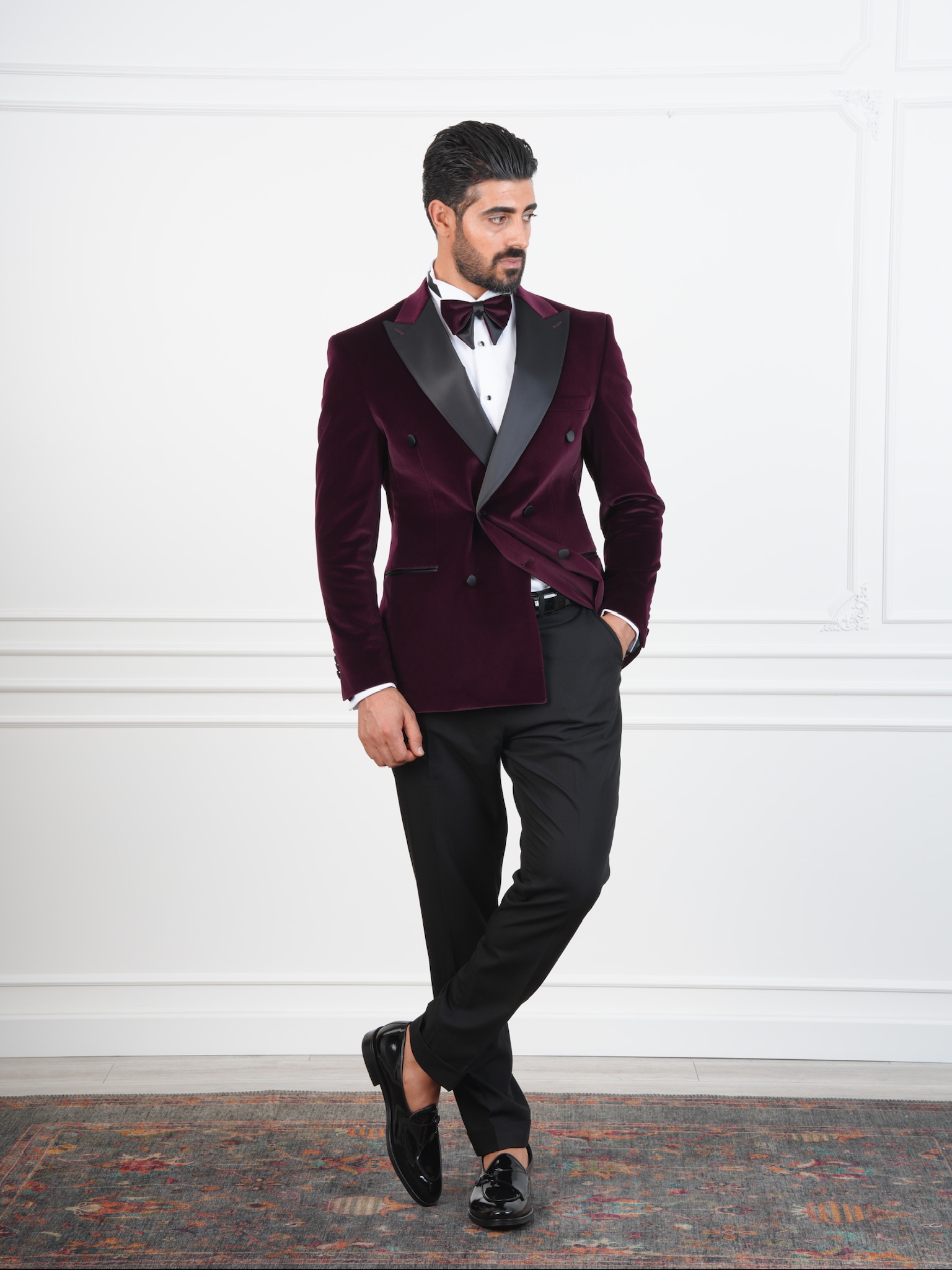 Erkek Premium Kadife Kruvaze Smokin Damatlık İtalyan Stil  Ceket Pantolon Papyon - Mor