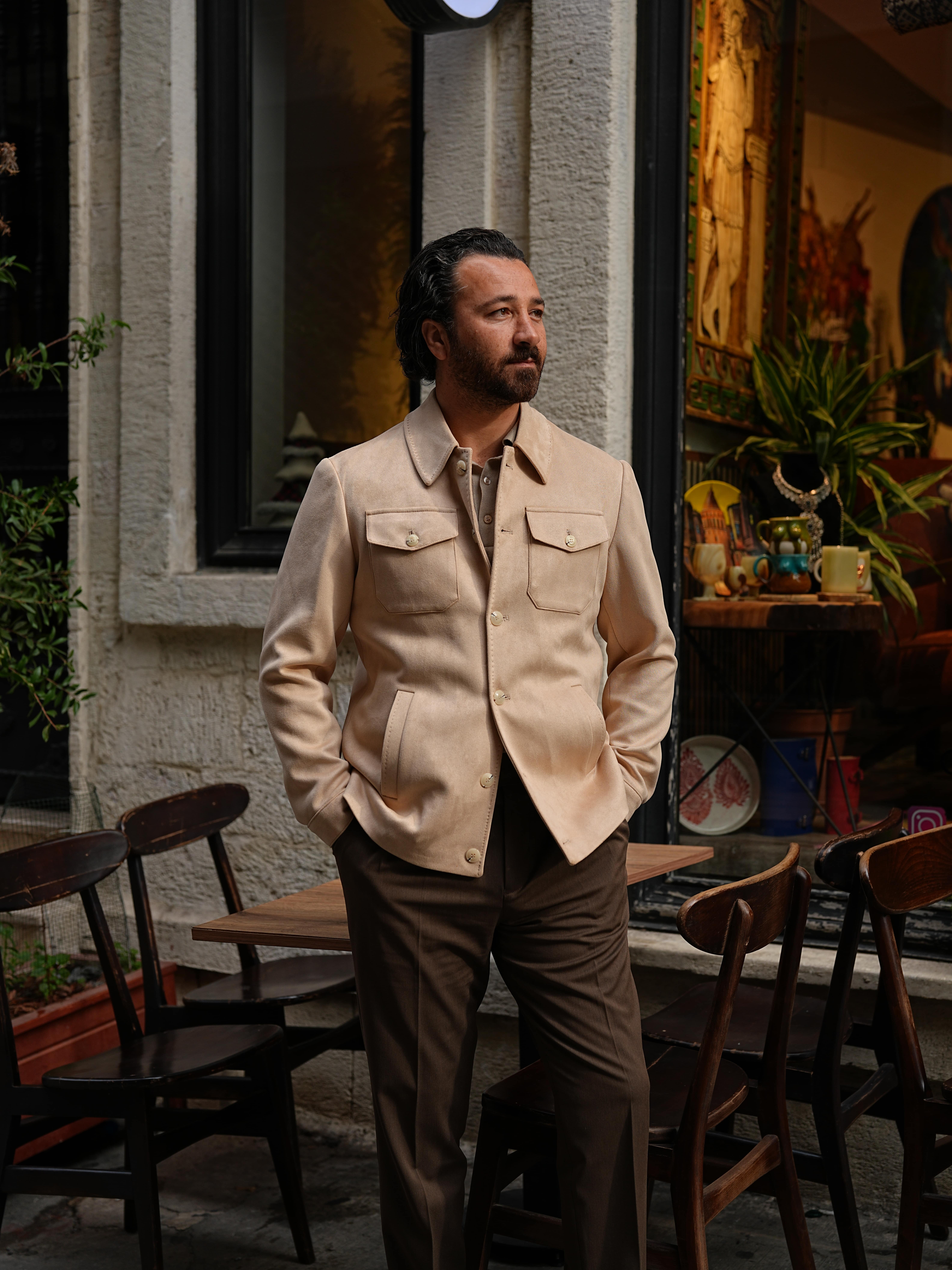 Erkek Slim Fit Cepli Nubuk Ceket - Bej