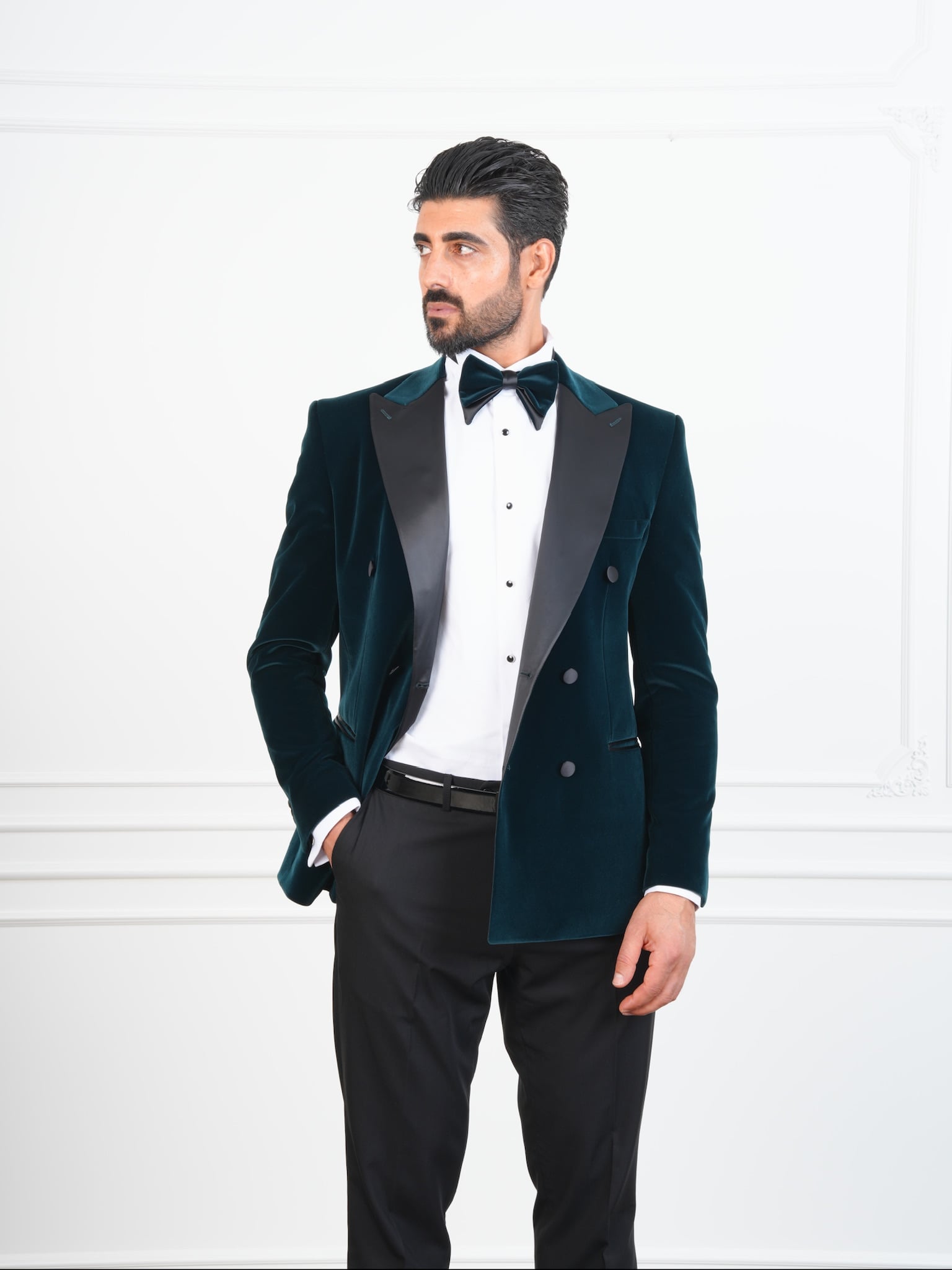 Erkek Premium Kadife Kruvaze Smokin Damatlık İtalyan Stil  Ceket Pantolon Papyon - Haki